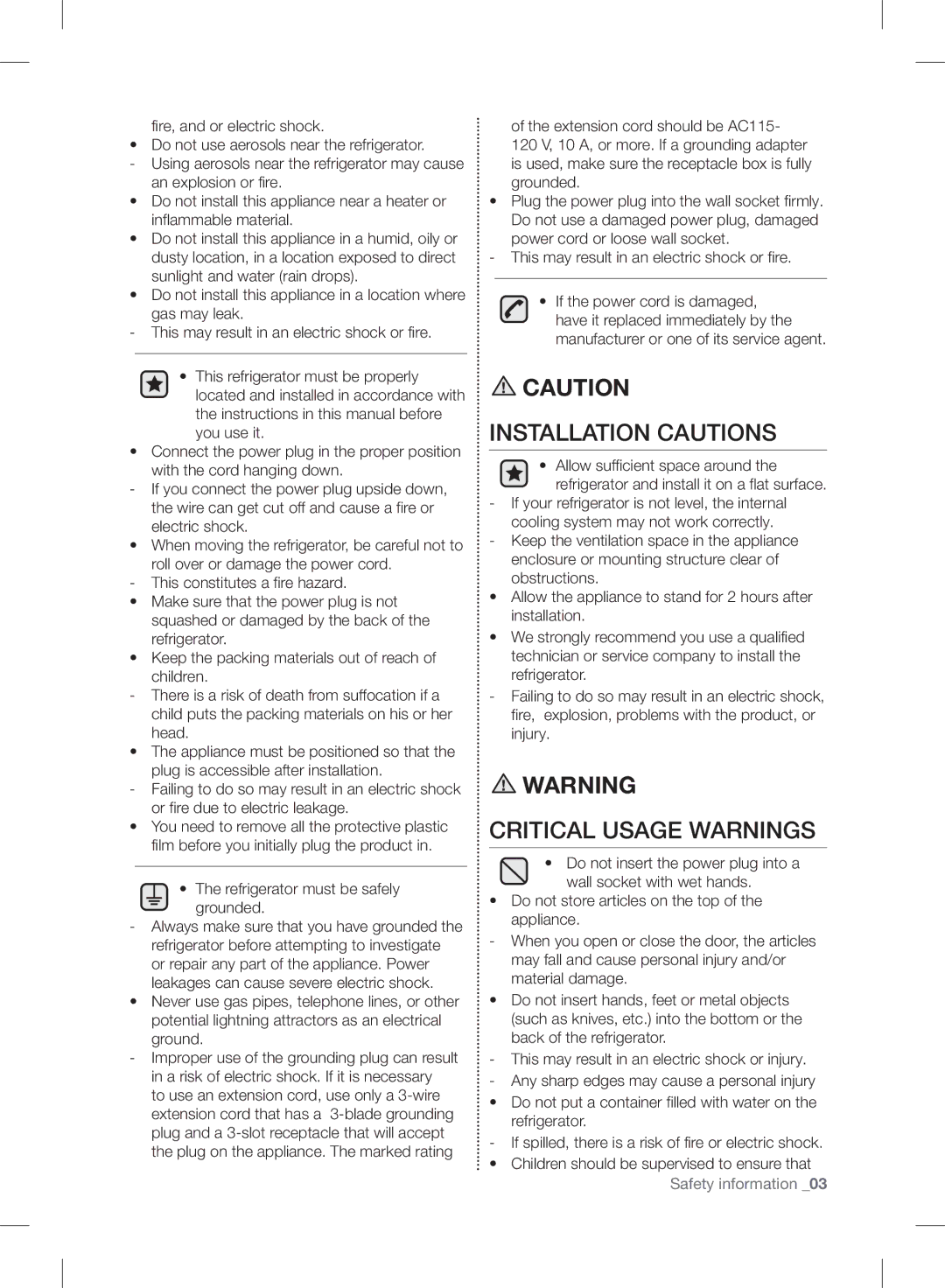 Samsung RF24FSEDBSR user manual Installation Cautions, Critical Usage Warnings 