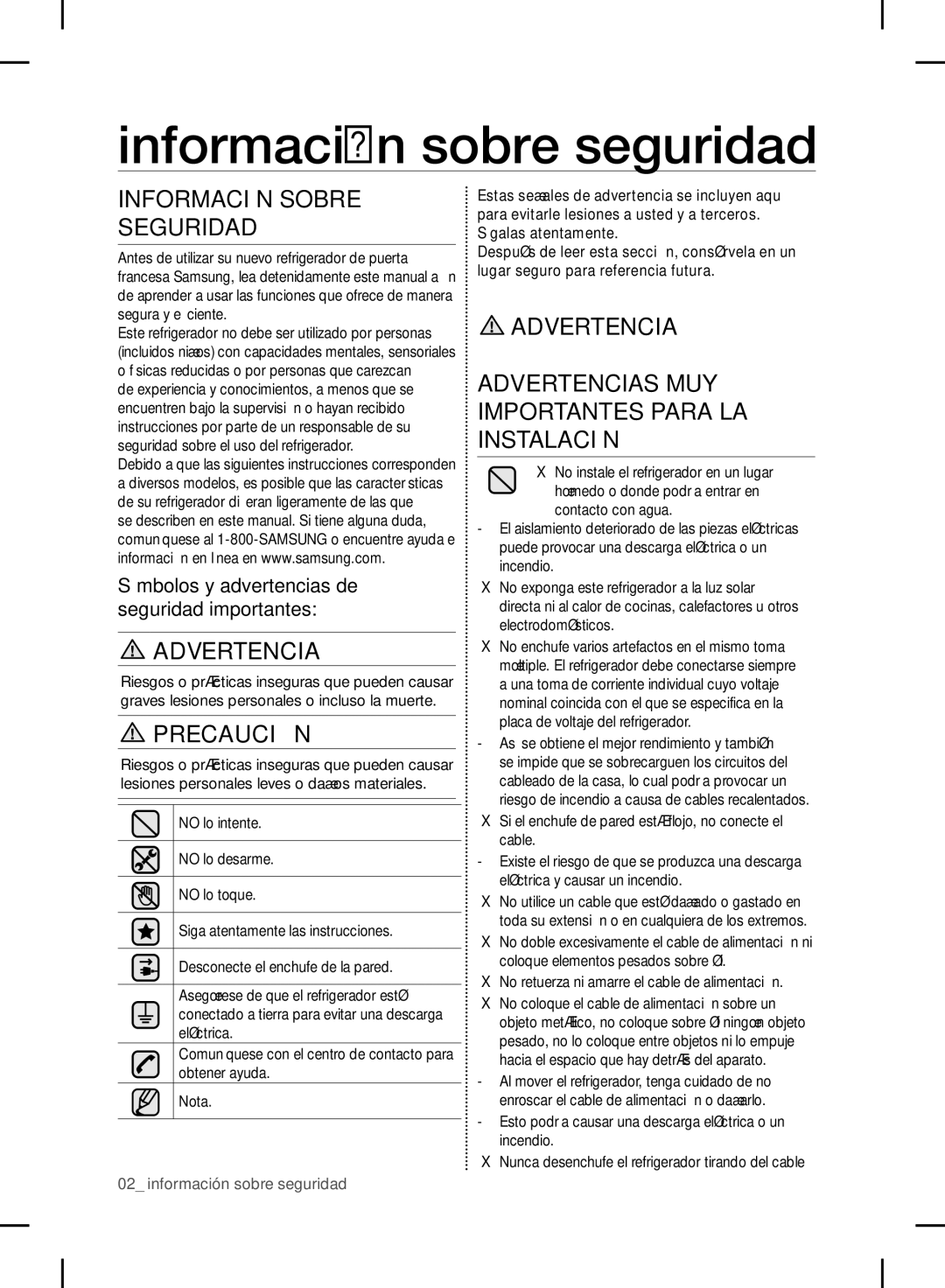 Samsung RF24FSEDBSR user manual Información sobre seguridad, Información Sobre Seguridad 