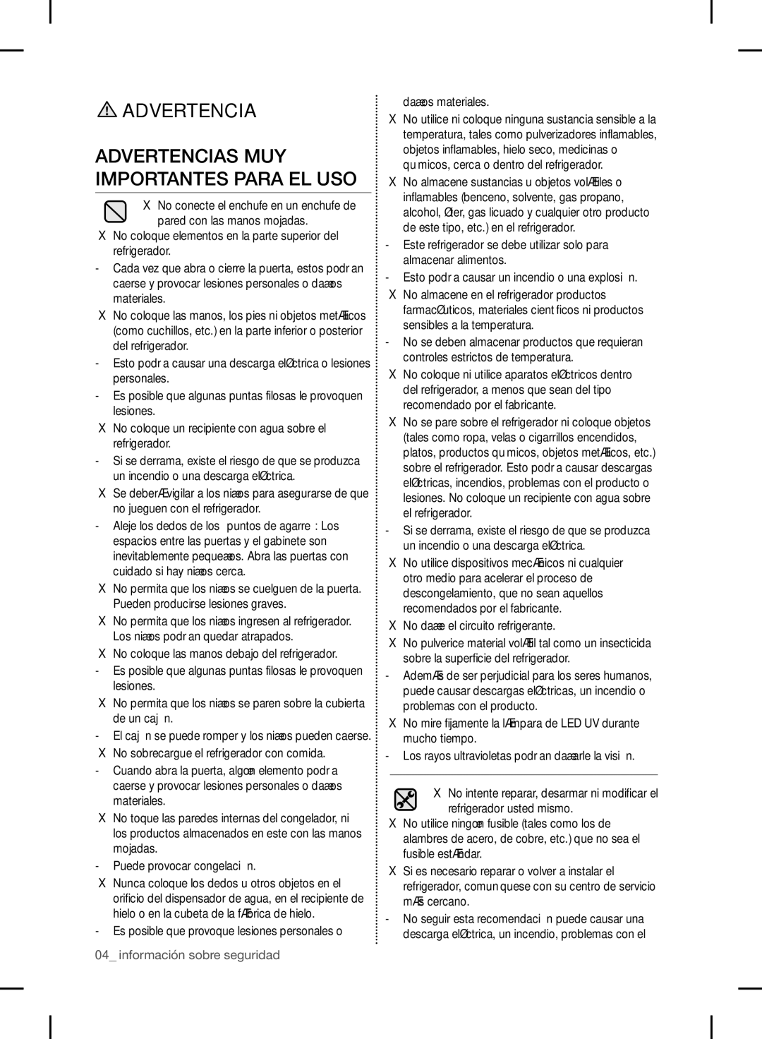 Samsung RF24FSEDBSR user manual Advertencias MUY Importantes Para EL USO, Es posible que provoque lesiones personales o 