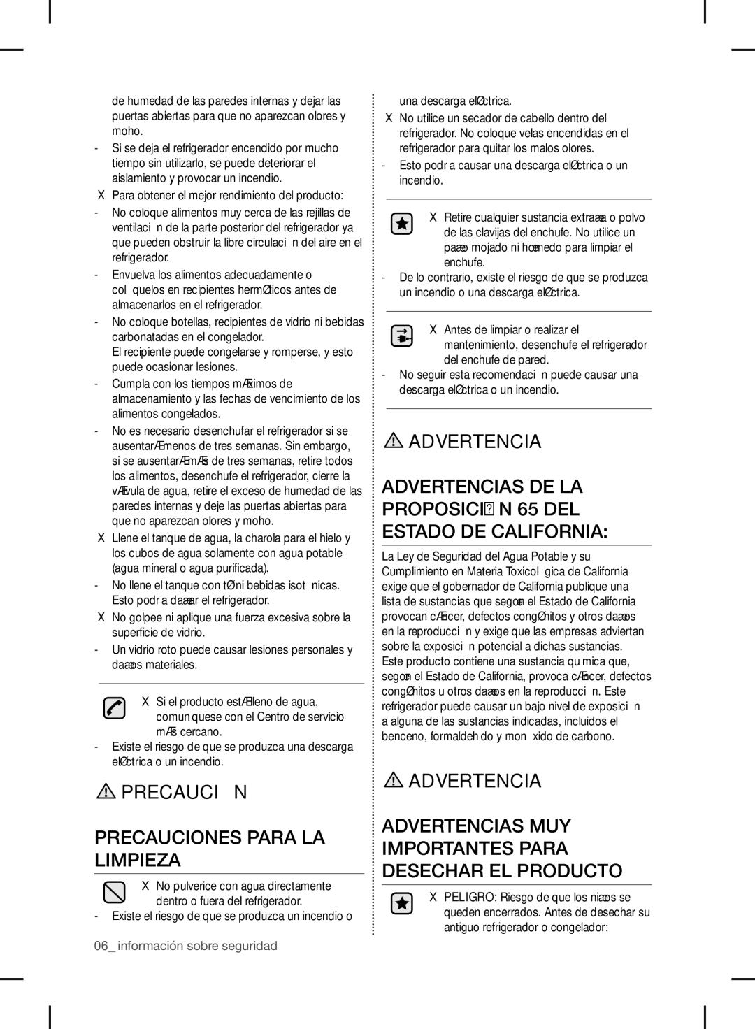 Samsung RF24FSEDBSR user manual Precauciones Para LA Limpieza, Advertencias DE LA Proposición 65 DEL Estado DE California 