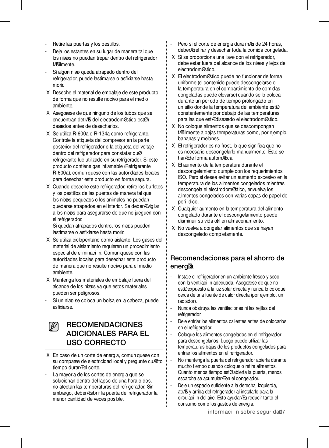 Samsung RF24FSEDBSR user manual Recomendaciones Adicionales Para EL USO Correcto, Recomendaciones para el ahorro de energía 