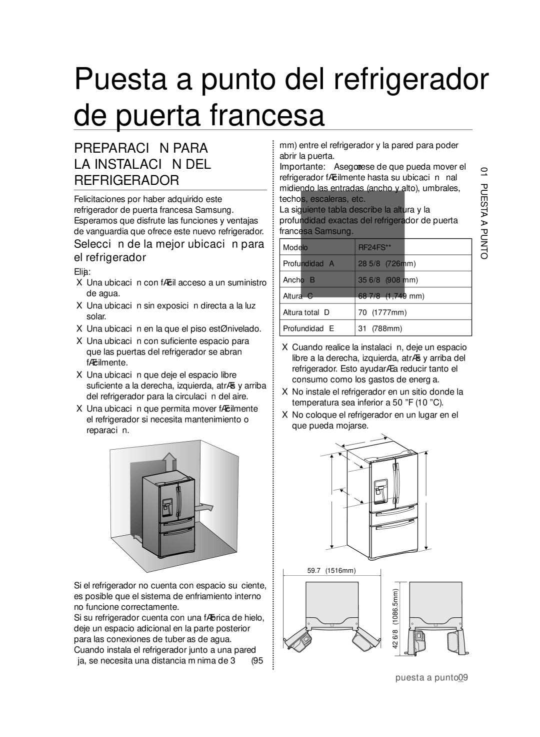 Samsung RF24FSEDBSR Preparación Para LA Instalación DEL Refrigerador, Selección de la mejor ubicación para el refrigerador 