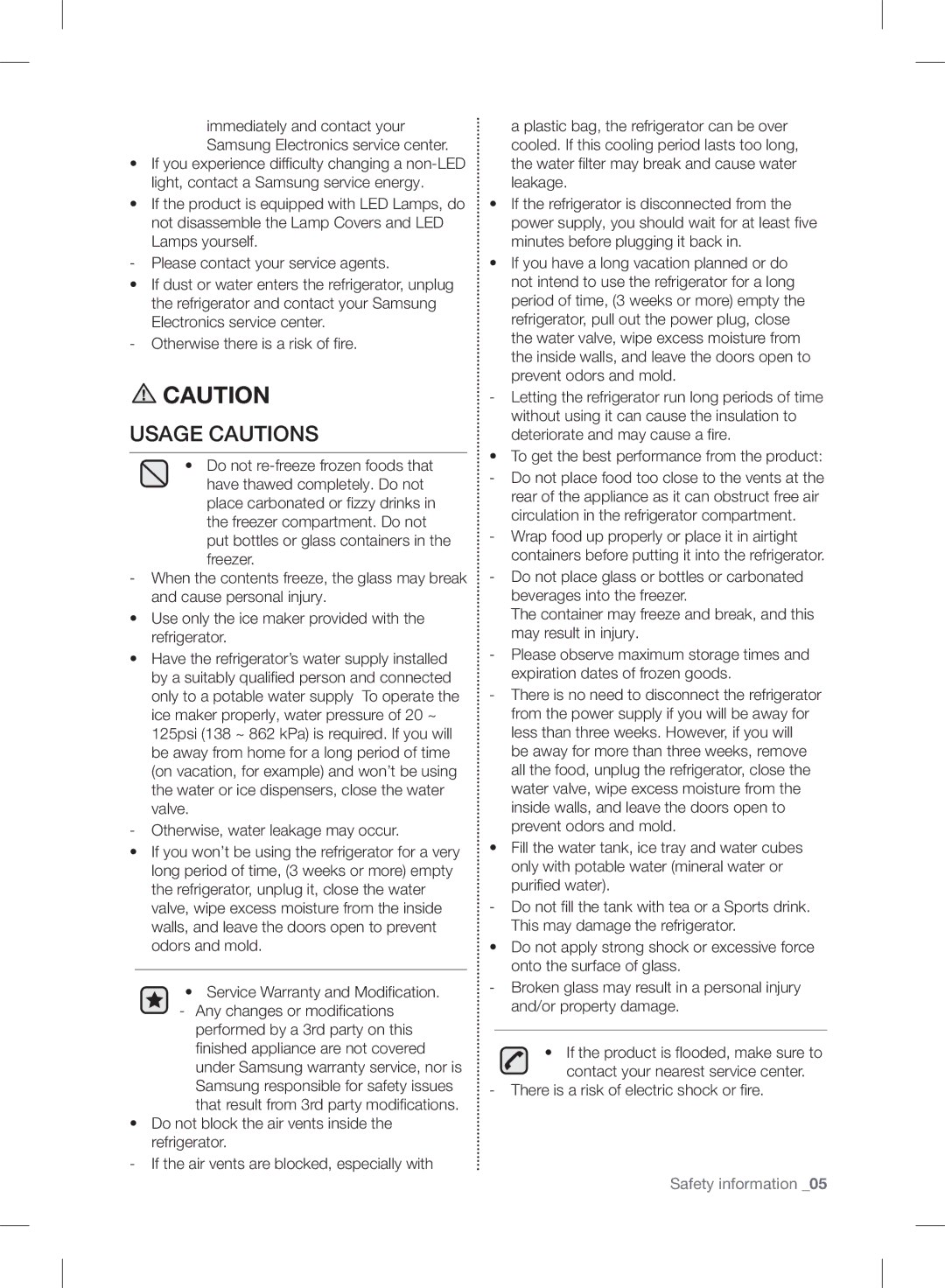 Samsung RF24FSEDBSR user manual Usage Cautions, There is a risk of electric shock or fire 