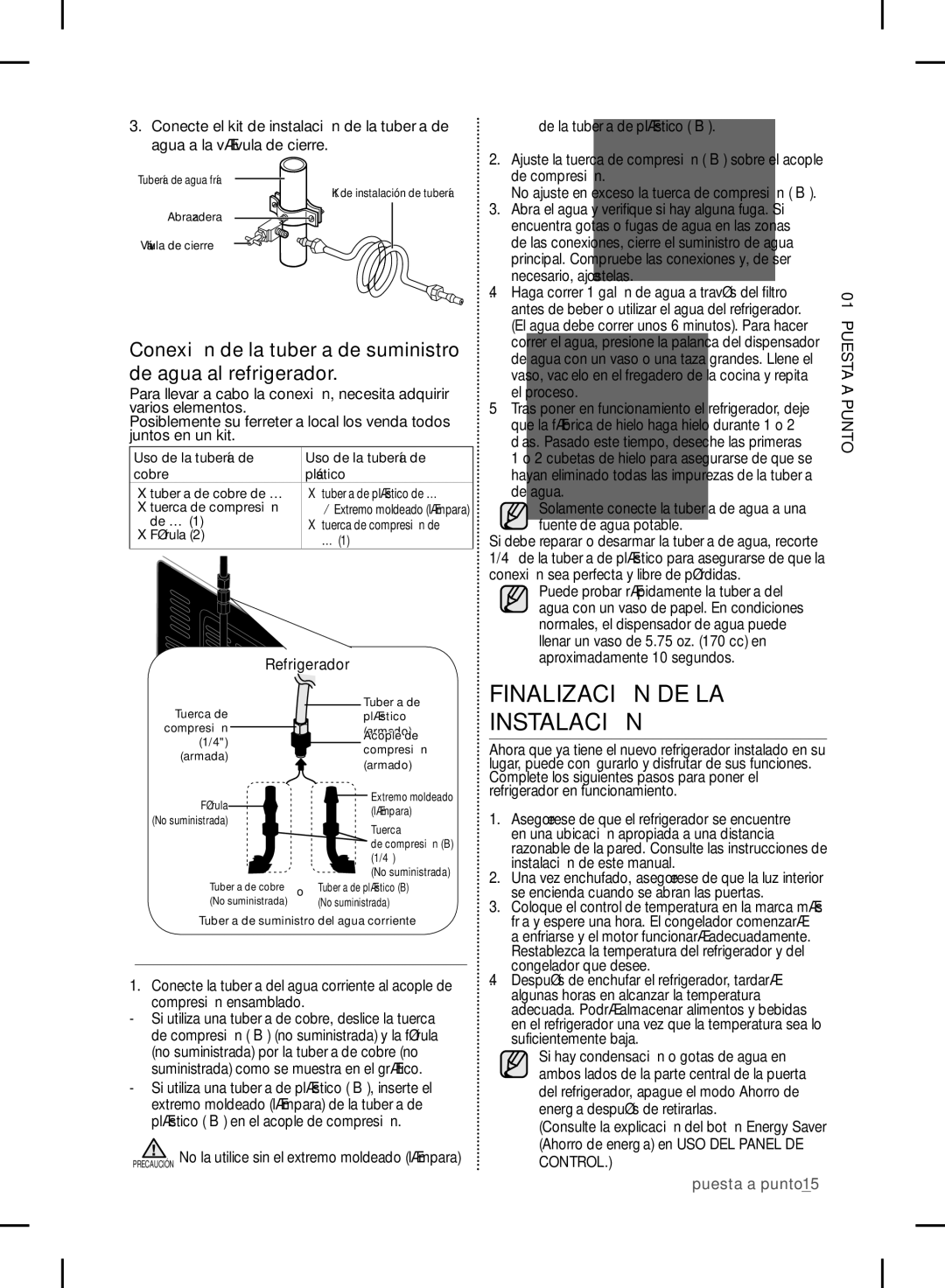 Samsung RF24FSEDBSR user manual Finalización DE LA Instalación, Refrigerador, Uso de la tubería de Cobre Plástico 