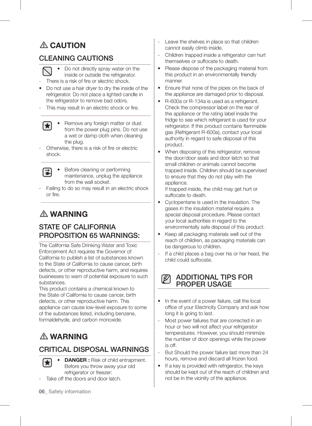 Samsung RF24FSEDBSR user manual Cleaning Cautions, State of California Proposition 65 Warnings, Critical Disposal Warnings 