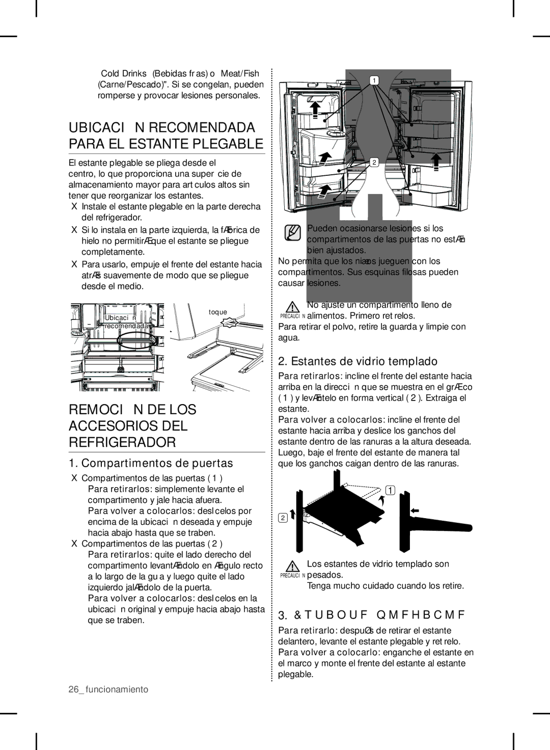 Samsung RF24FSEDBSR user manual Remoción DE LOS Accesorios DEL Refrigerador, Ubicación Recomendada Para EL Estante Plegable 