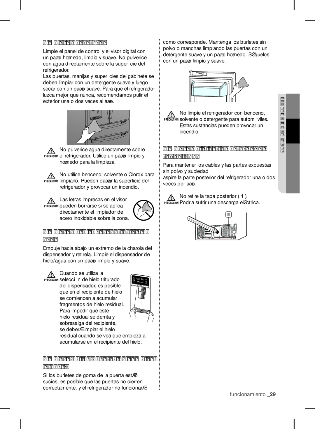 Samsung RF24FSEDBSR user manual Limpieza del exterior, Limpieza del dispensador de hielo/ agua 