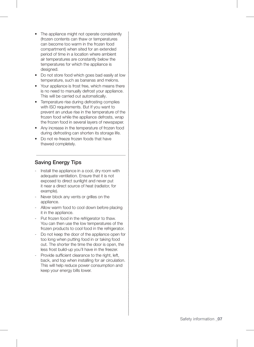 Samsung RF24FSEDBSR user manual Saving Energy Tips, Do not re-freeze frozen foods that have thawed completely 