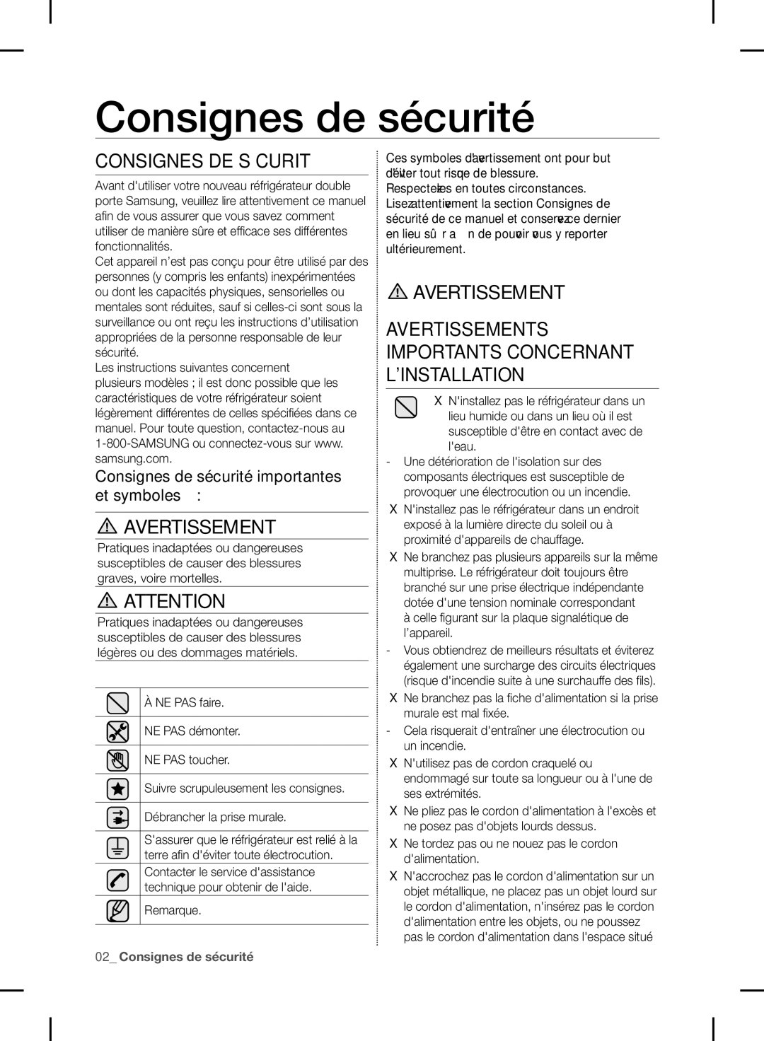 Samsung RF24FSEDBSR Consignes de sécurité, Consignes DE Sécurité, Avertissements Importants Concernant Linstallation 