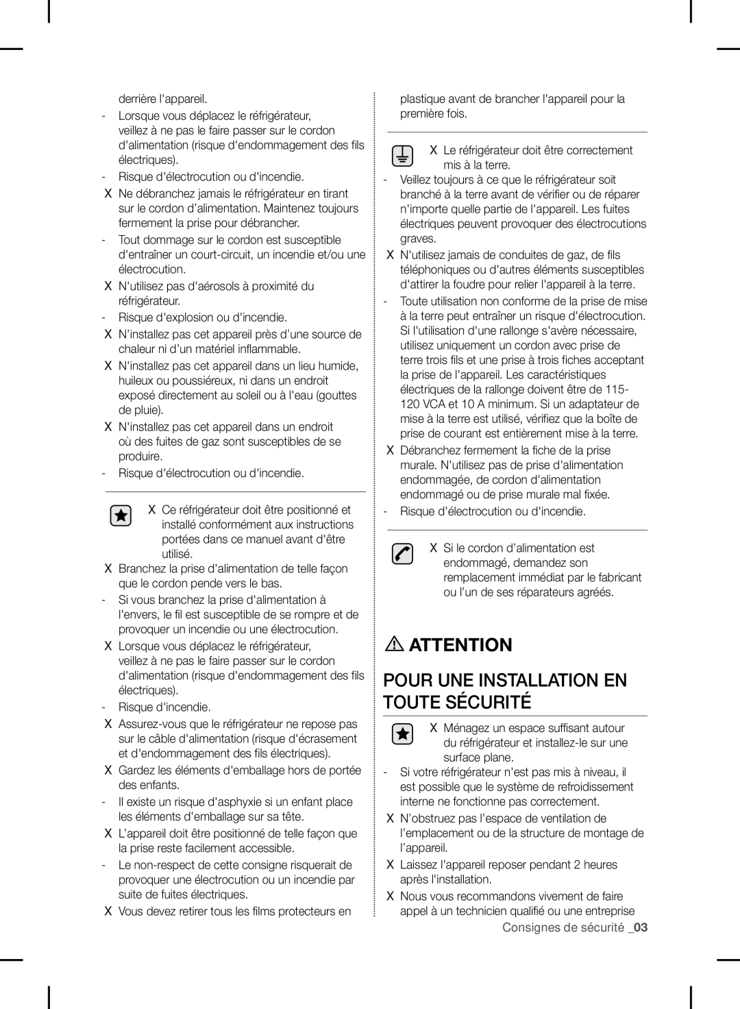 Samsung RF24FSEDBSR user manual Pour UNE Installation EN Toute Sécurité, Toute utilisation non conforme de la prise de mise 