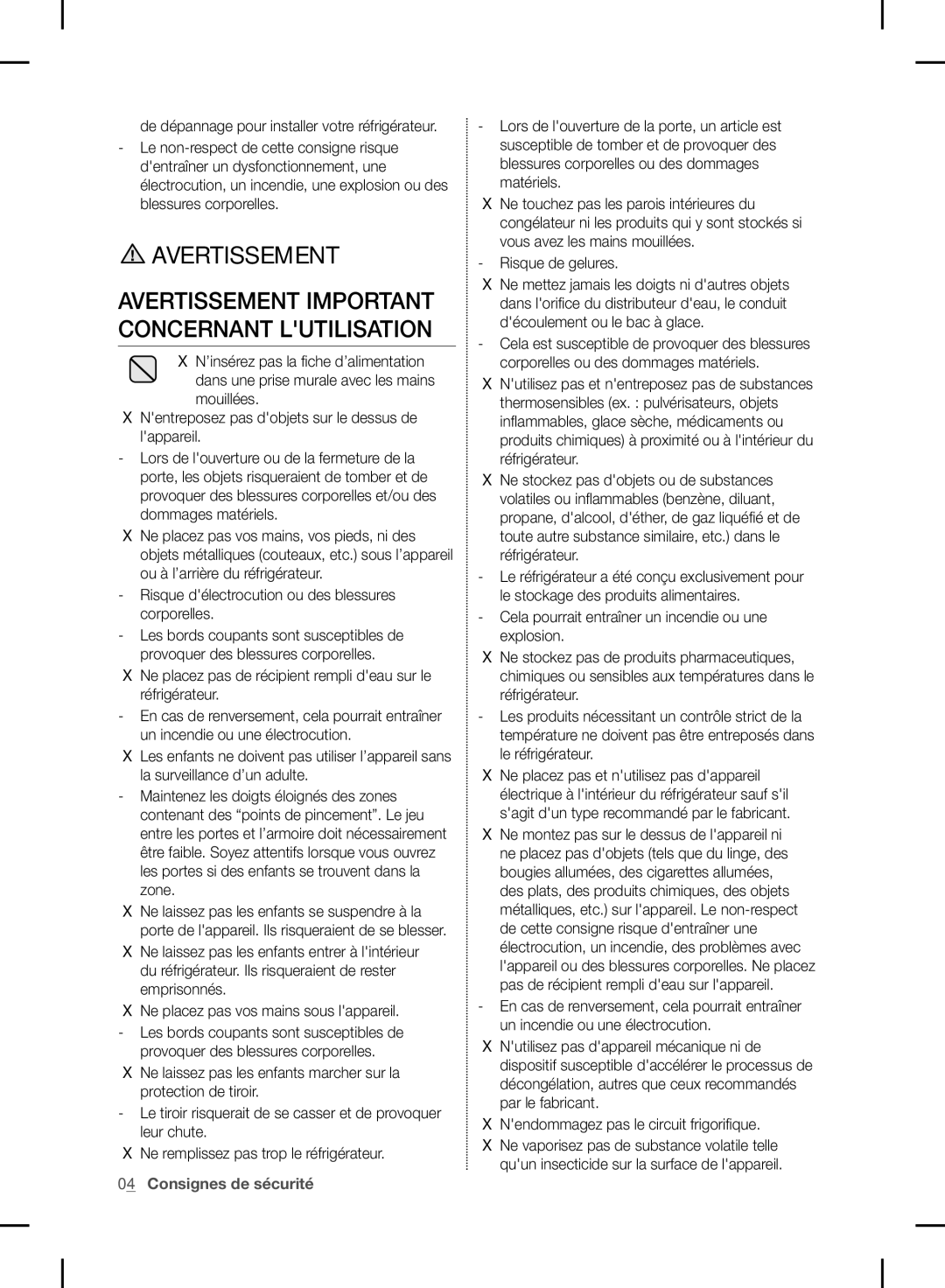 Samsung RF24FSEDBSR user manual Avertissement Important Concernant Lutilisation 