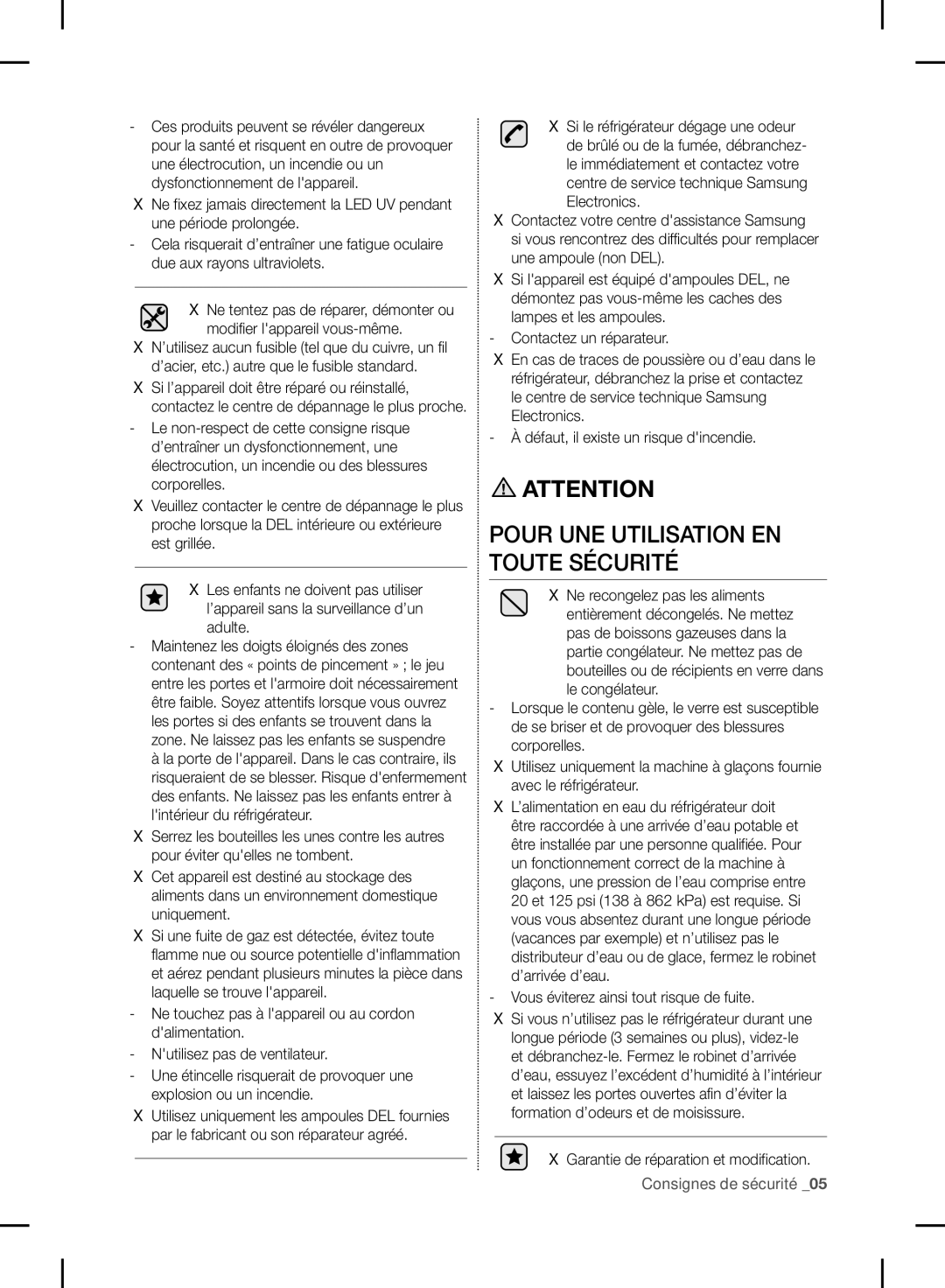 Samsung RF24FSEDBSR user manual Pour UNE Utilisation EN Toute Sécurité, Adulte, Vous éviterez ainsi tout risque de fuite 