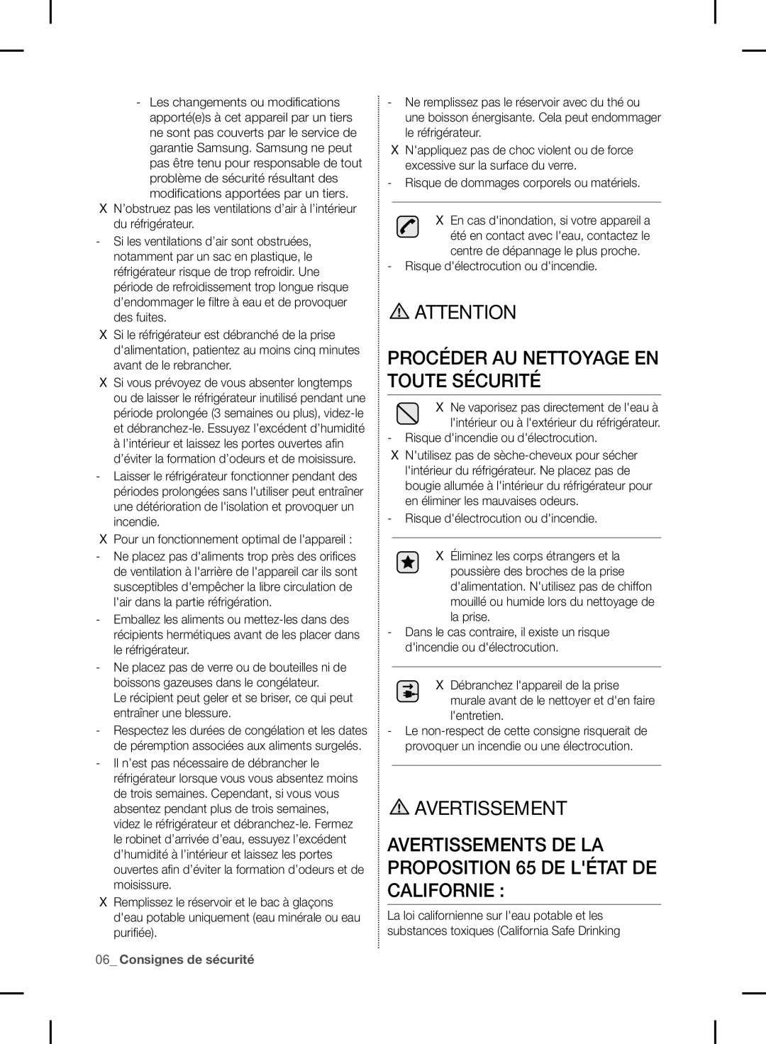 Samsung RF24FSEDBSR Procéder AU Nettoyage EN Toute Sécurité, Avertissements DE LA Proposition 65 DE Létat DE Californie 