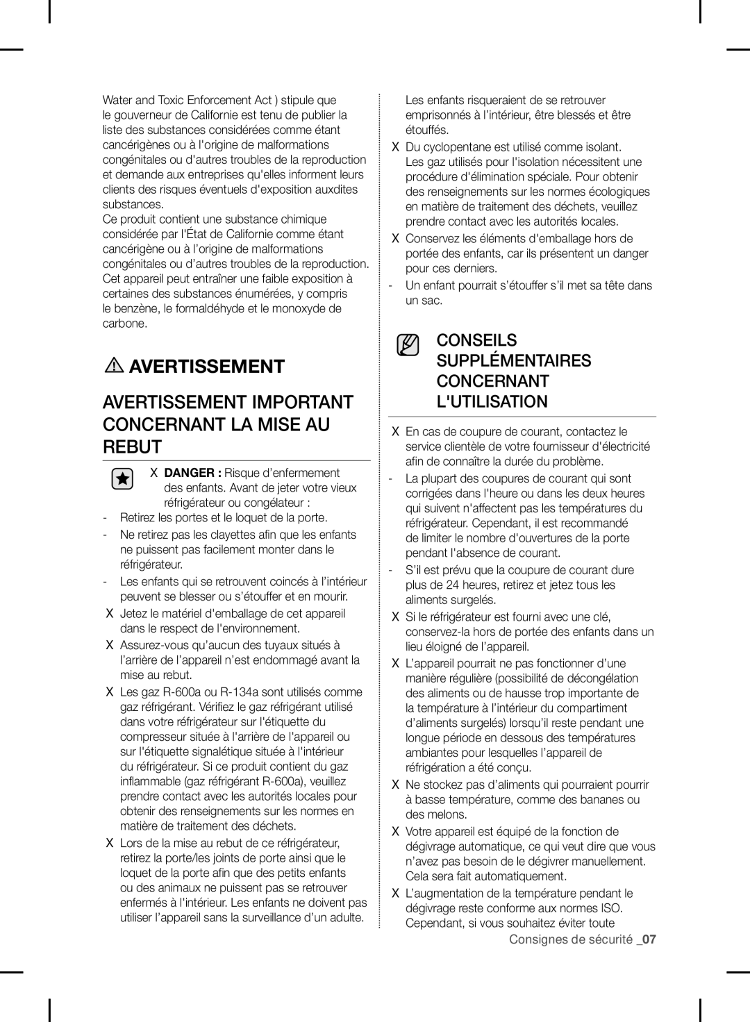 Samsung RF24FSEDBSR Avertissement Important Concernant LA Mise AU Rebut, Conseils Supplémentaires Concernant Lutilisation 