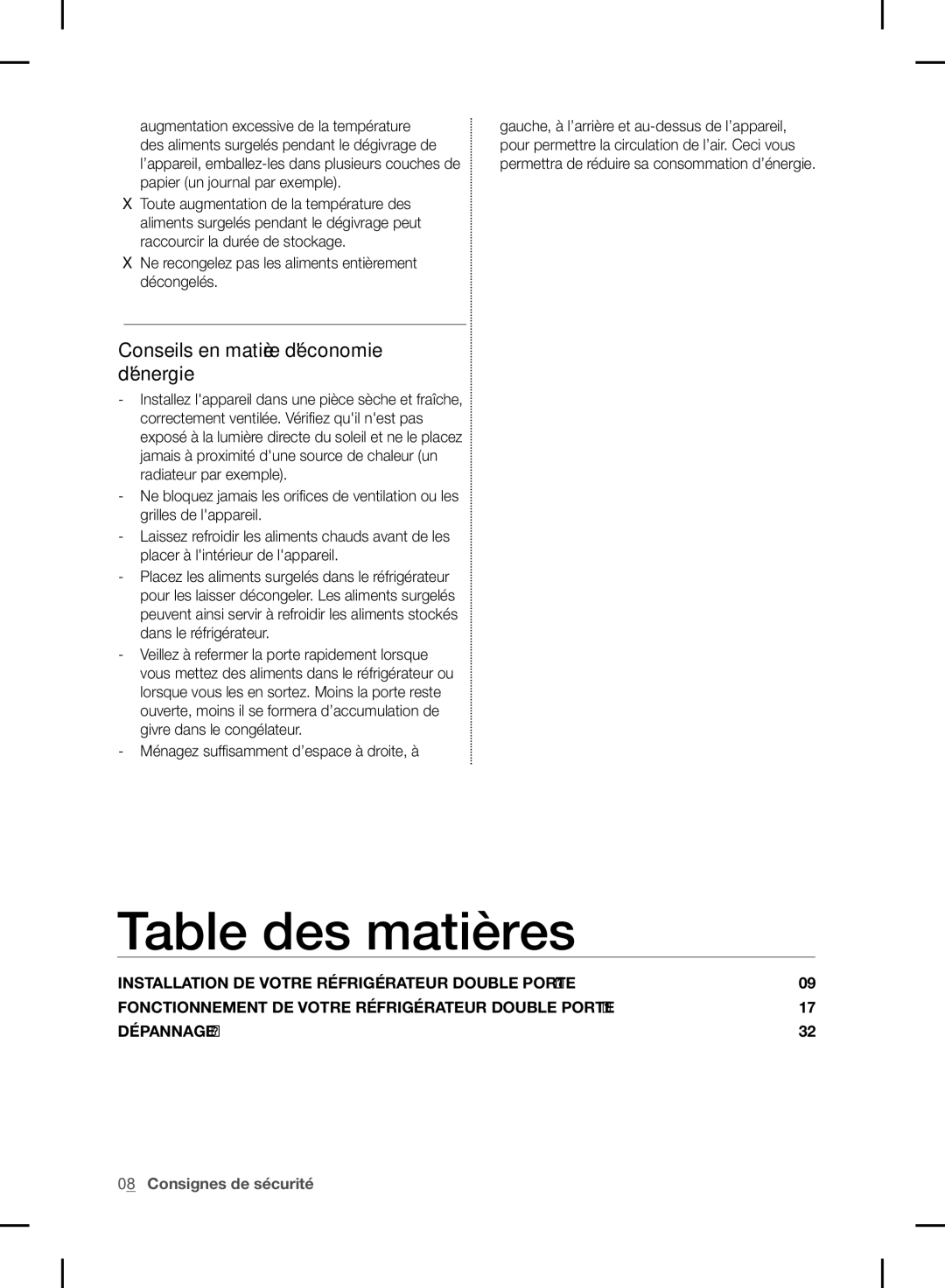 Samsung RF24FSEDBSR user manual Table des matières, Ne recongelez pas les aliments entièrement décongelés 