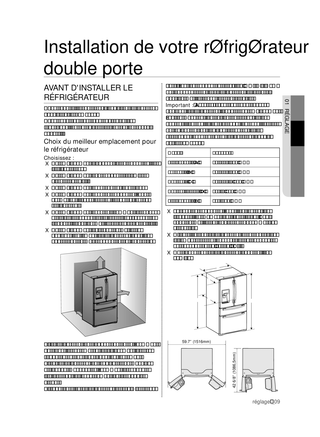 Samsung RF24FSEDBSR Installation de votre réfrigérateur double porte, Avant Dinstaller LE Réfrigérateur, Choisissez 