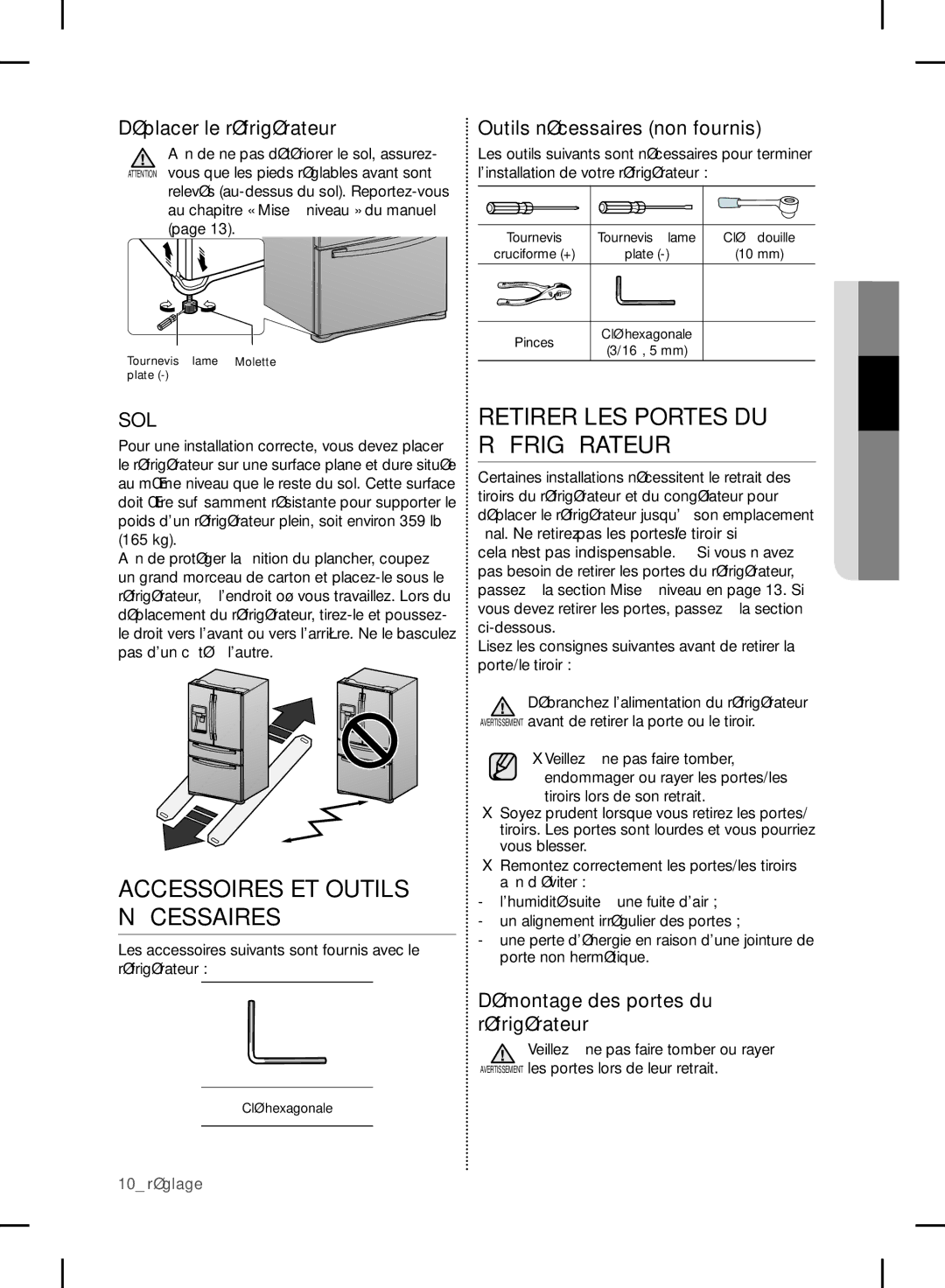 Samsung RF24FSEDBSR Accessoires ET Outils Nécessaires, Retirer LES Portes DU Réfrigérateur, Déplacer le réfrigérateur 