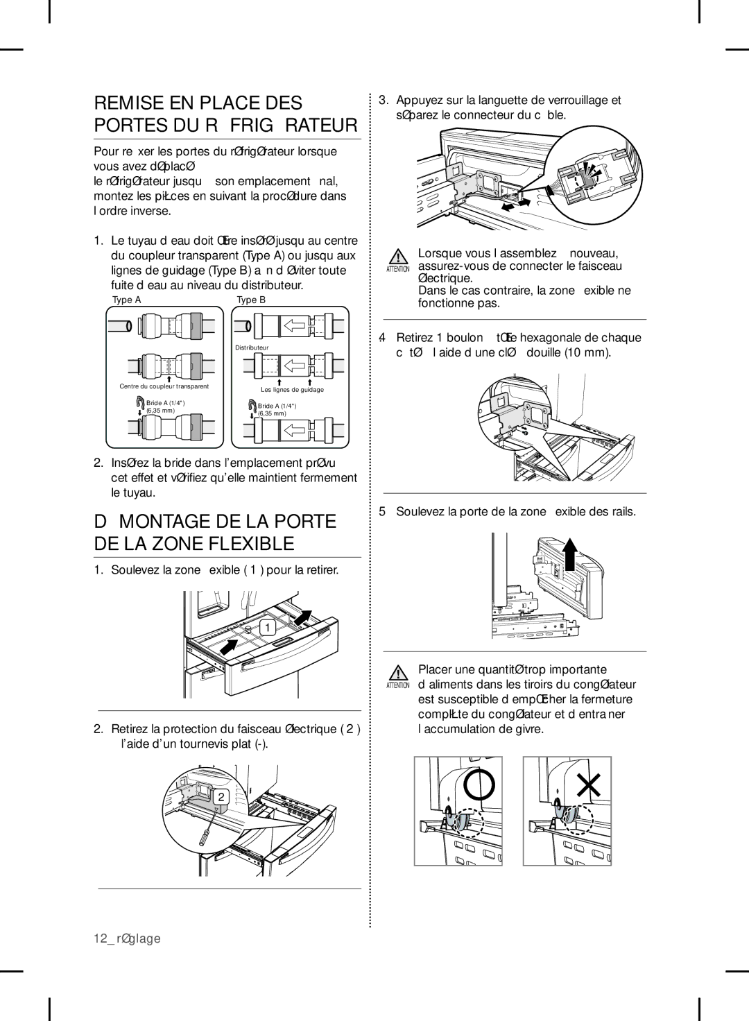 Samsung RF24FSEDBSR user manual Démontage DE LA Porte DE LA Zone Flexible, Remise EN Place DES Portes DU Réfrigérateur 