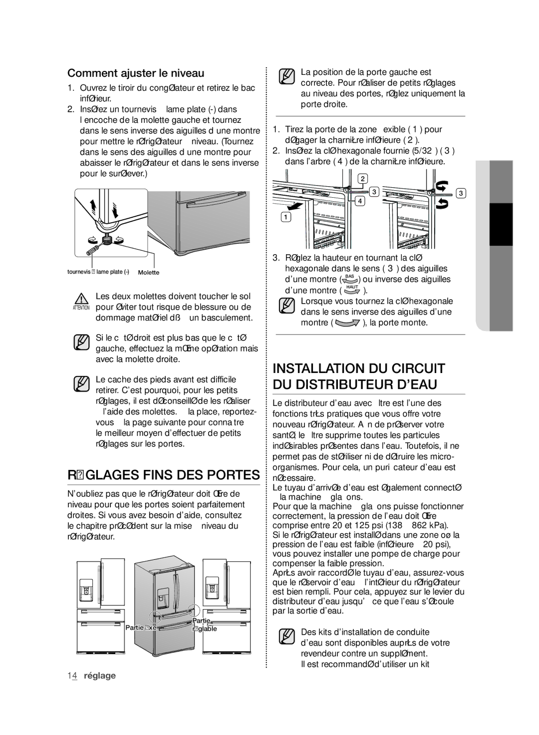 Samsung RF24FSEDBSR Réglages Fins DES Portes, Installation DU Circuit DU Distributeur Deau, Comment ajuster le niveau 