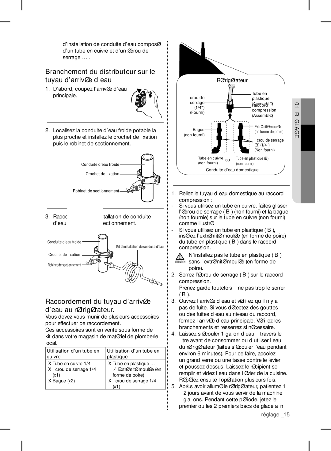 Samsung RF24FSEDBSR user manual Branchement du distributeur sur le tuyau darrivée d’eau, Réfrigérateur, Poire 