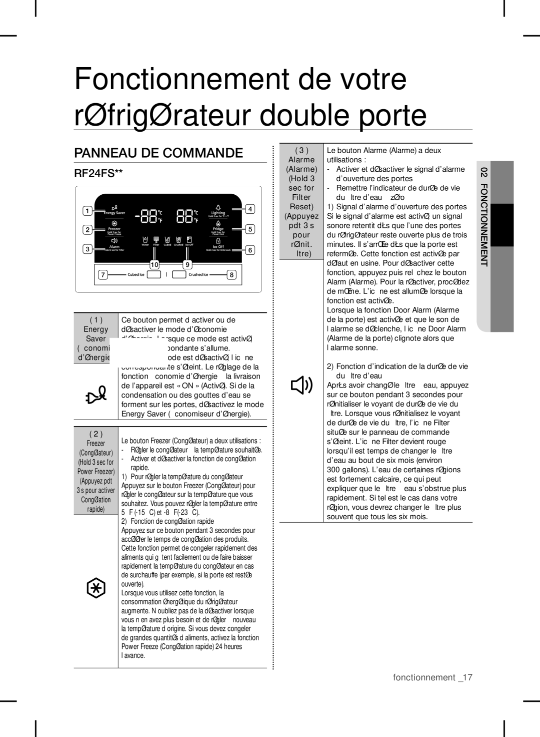 Samsung RF24FSEDBSR user manual Panneau DE Commande, Fonctionnement, Alarme, Reset Appuyez Pdt 3 s Pour Réinit Filtre 