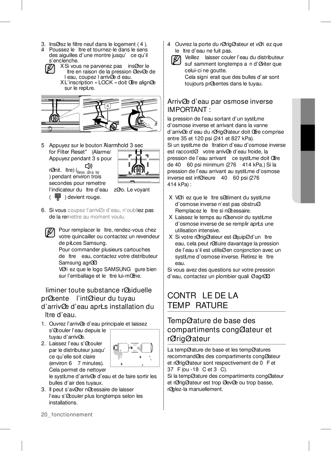 Samsung RF24FSEDBSR user manual Contrôle DE LA Température, Arrivée deau par osmose inverse, 414 kPa, Eau 