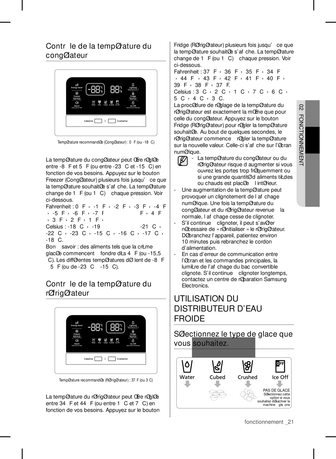 Samsung RF24FSEDBSR Utilisation DU Distributeur Deau Froide, Contrôle de la température du congélateur, 02fonctionnement 