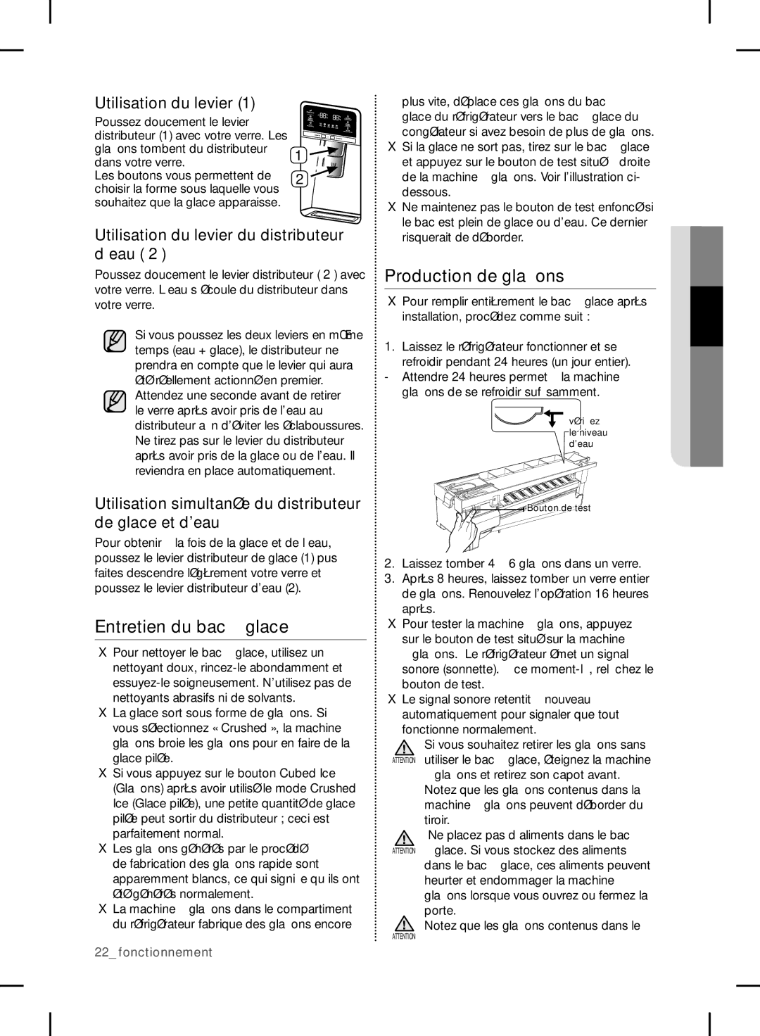 Samsung RF24FSEDBSR user manual Entretien du bac à glace, Production de glaçons, Utilisation du levier 