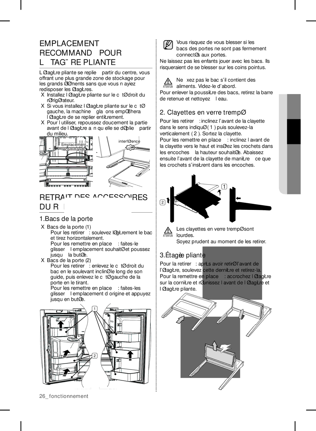 Samsung RF24FSEDBSR user manual Emplacement Recommandé Pour ’ÉTAGÈRE Pliante, Retrait DES Accessoires DU Réfrigérateur 