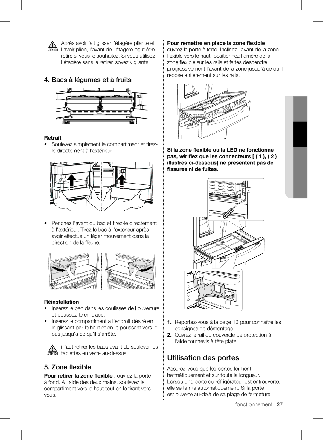 Samsung RF24FSEDBSR user manual Utilisation des portes, Bacs à légumes et à fruits, Zone flexible 