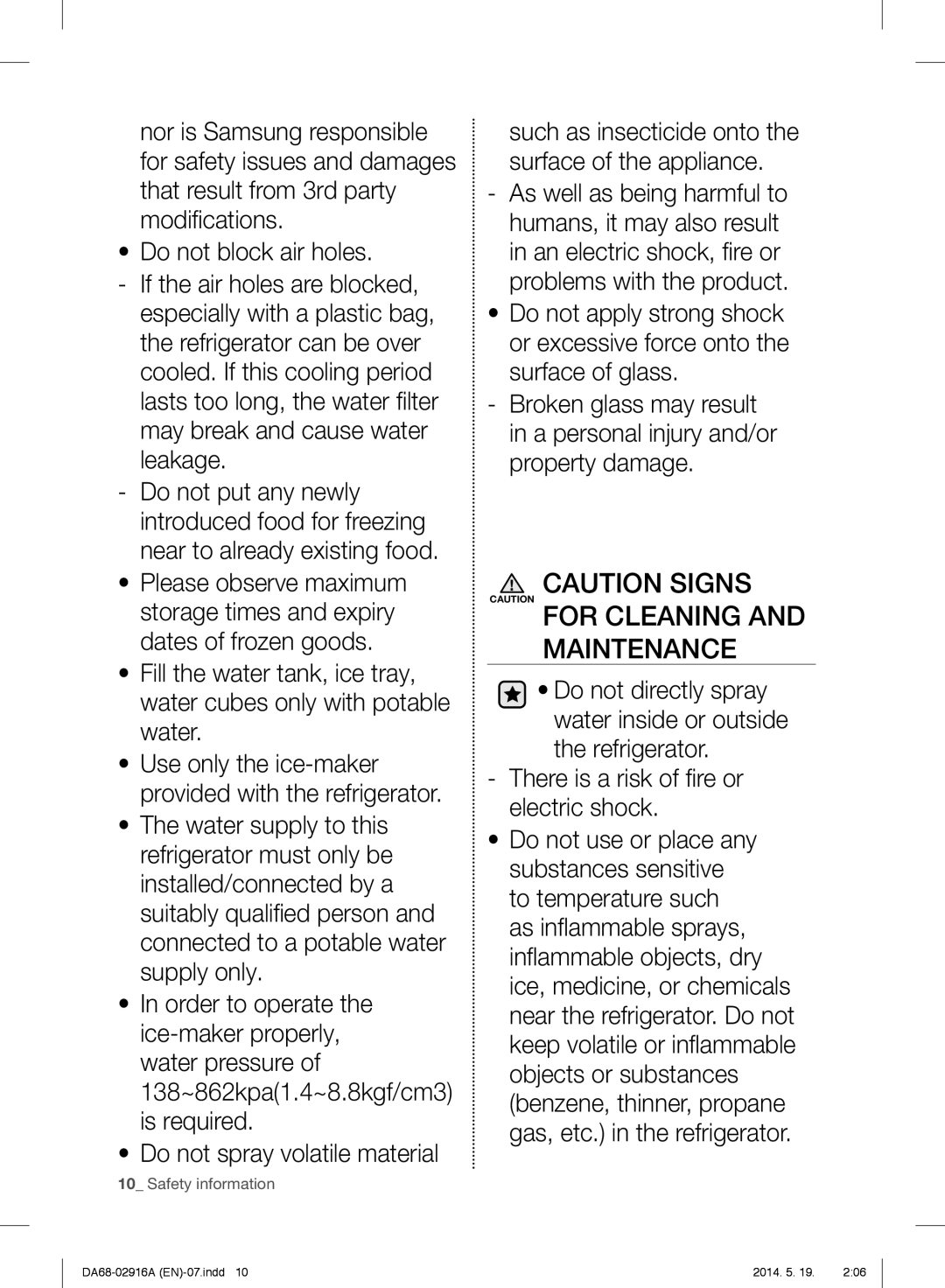 Samsung RF24FSEDBSR user manual For Cleaning and Maintenance, Do not spray volatile material 