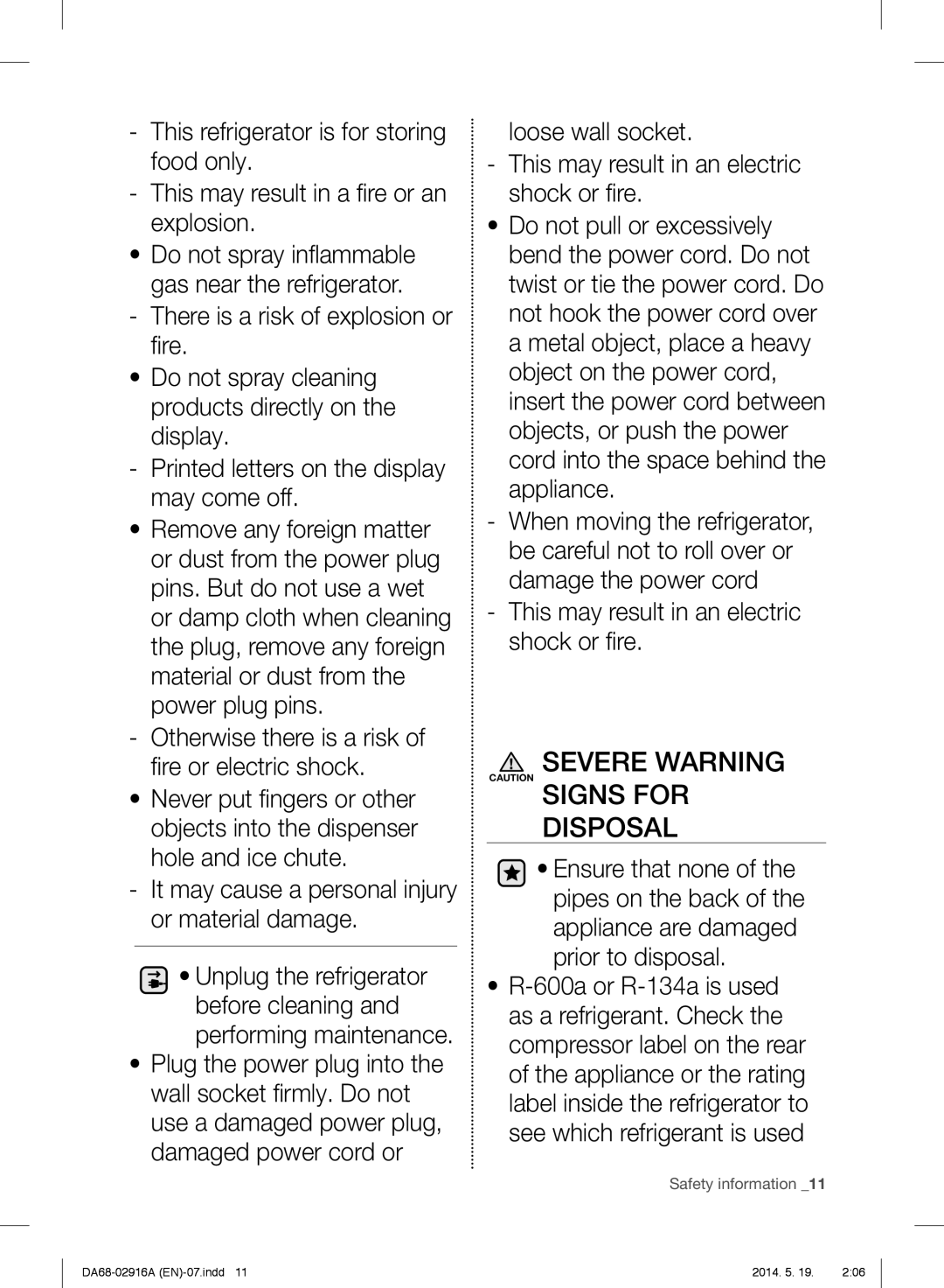 Samsung RF24FSEDBSR user manual Severe Warning Signs for Disposal 