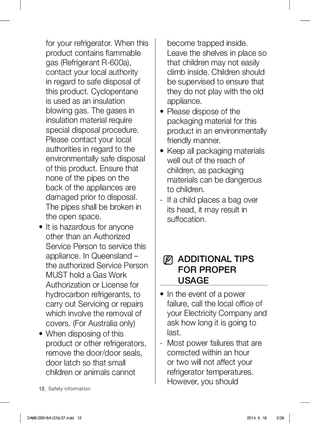 Samsung RF24FSEDBSR user manual Additional Tips For Proper Usage 