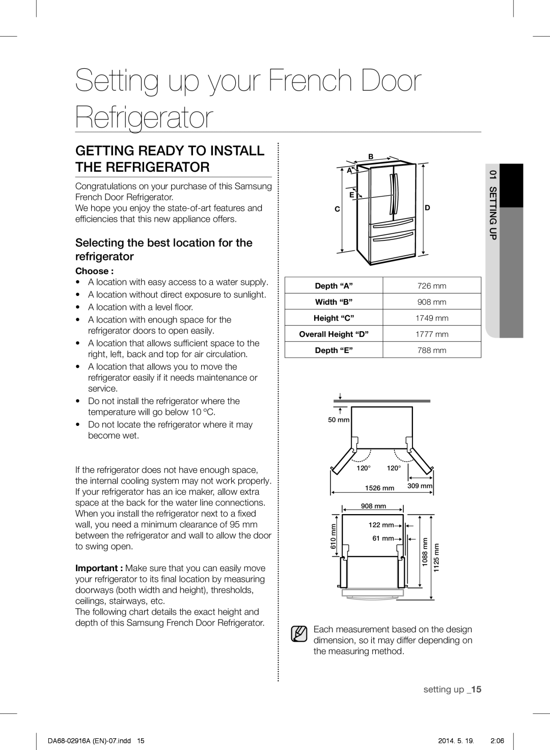 Samsung RF24FSEDBSR user manual Getting Ready to Install the Refrigerator, Selecting the best location for the refrigerator 