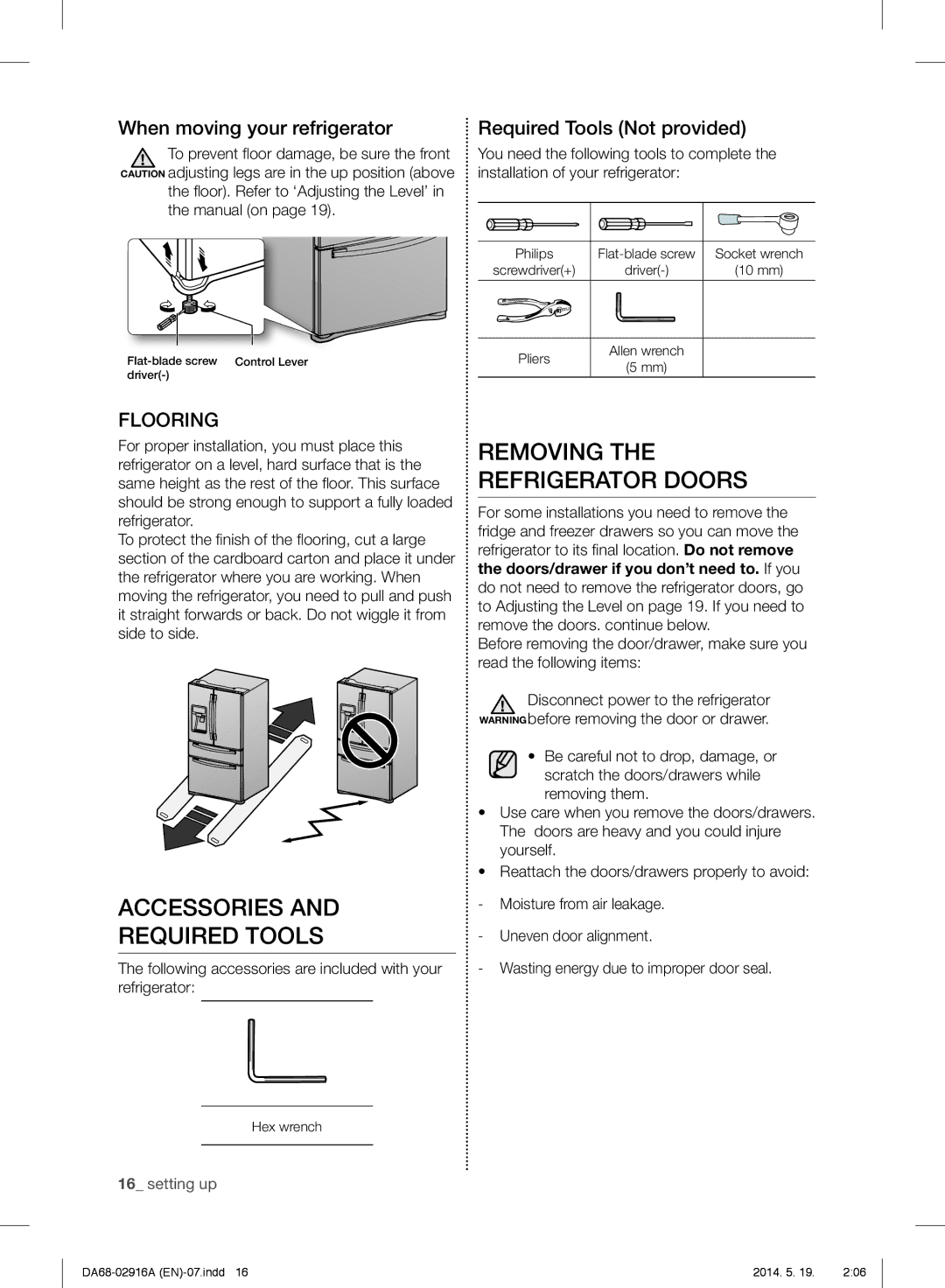 Samsung RF24FSEDBSR user manual Accessories Required Tools, Removing the Refrigerator Doors, When moving your refrigerator 