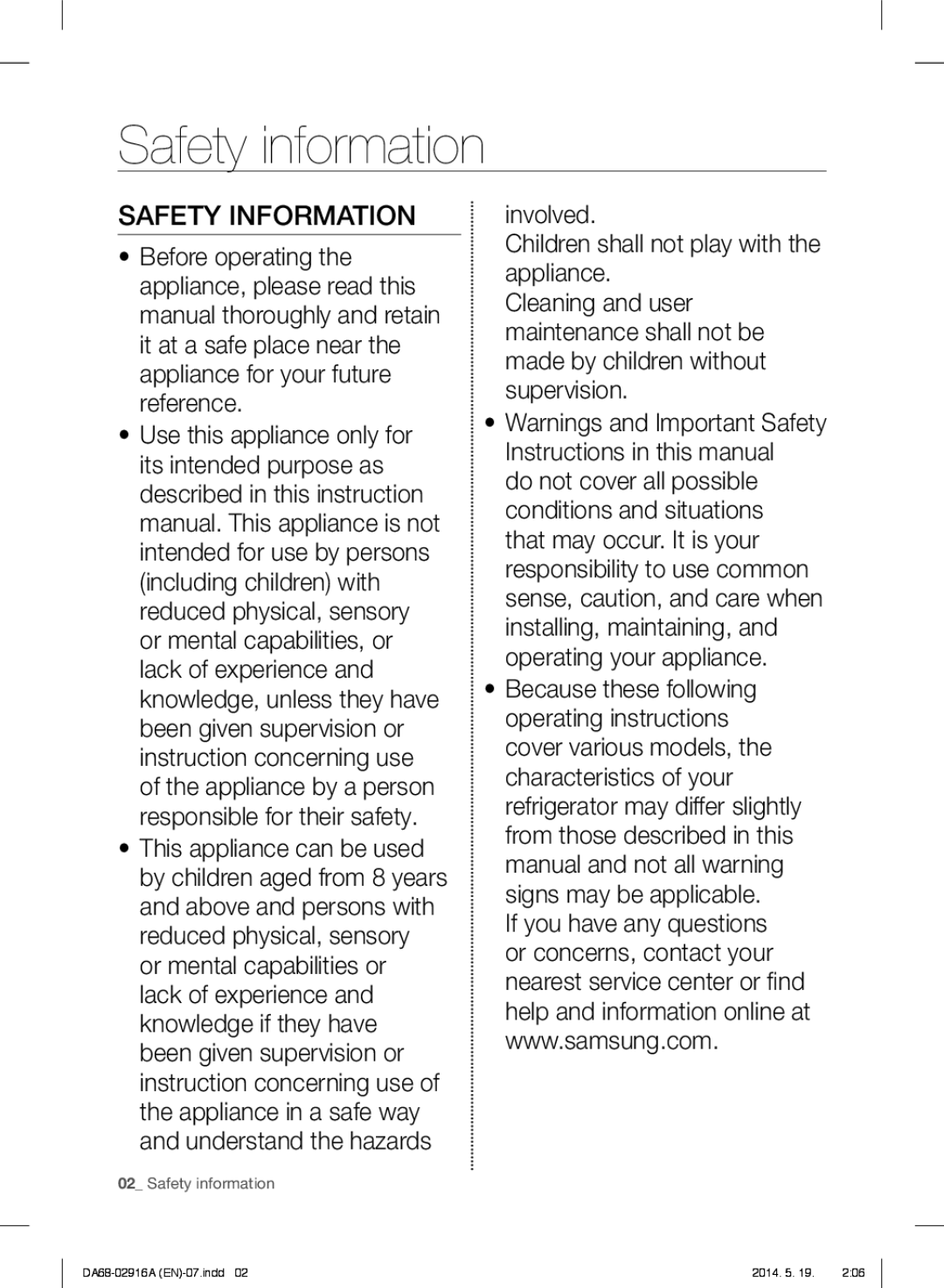 Samsung RF24FSEDBSR user manual Safety information, Safety Information 