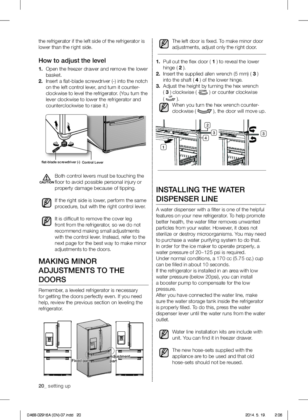 Samsung RF24FSEDBSR Making Minor Adjustments to the Doors, Installing the Water Dispenser Line, How to adjust the level 