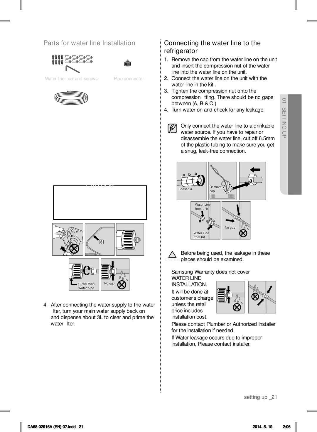 Samsung RF24FSEDBSR user manual Parts for water line Installation, Connecting to the water supply line 