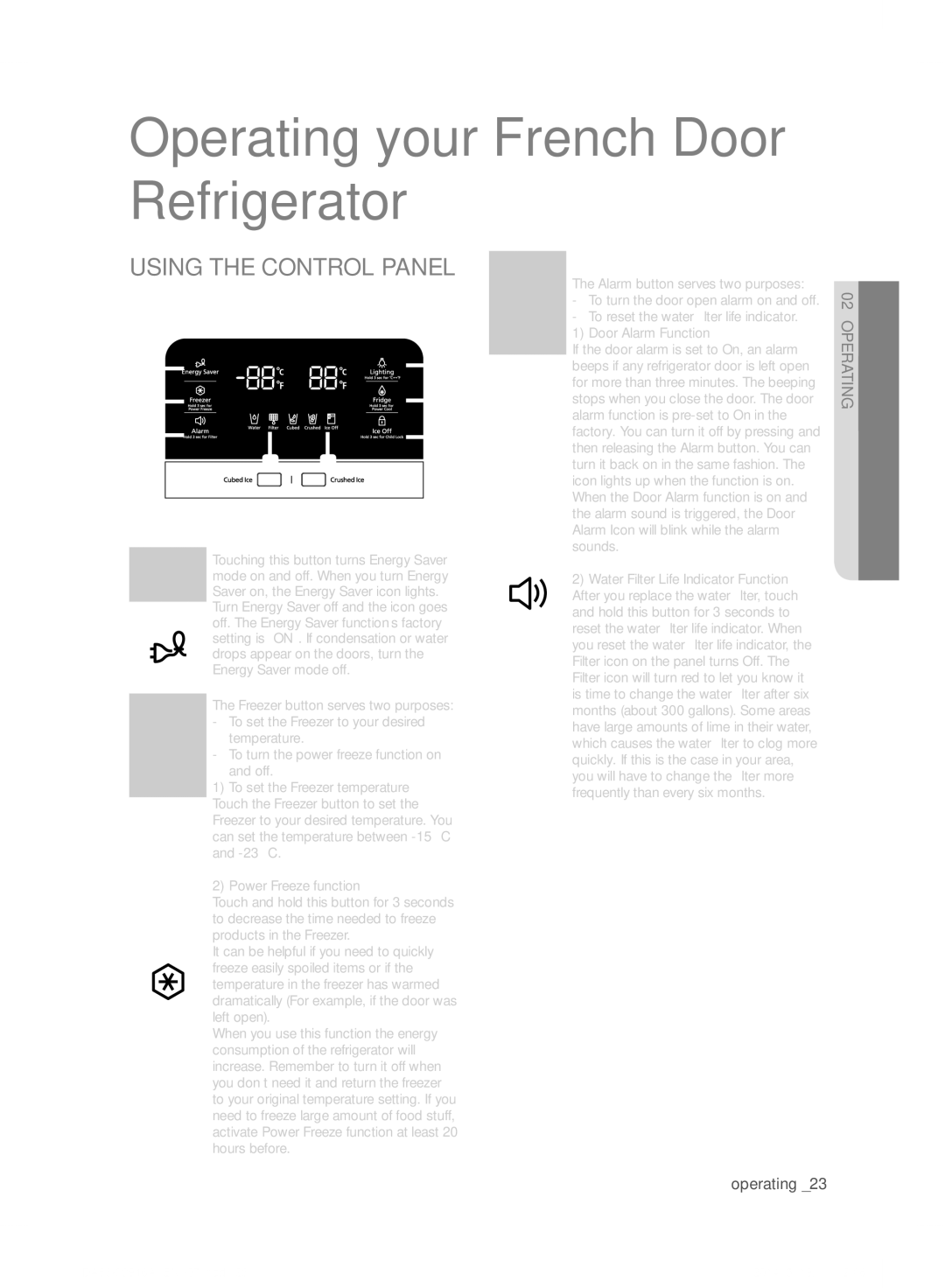 Samsung RF24FSEDBSR user manual Operating your French Door Refrigerator, Using the Control Panel 