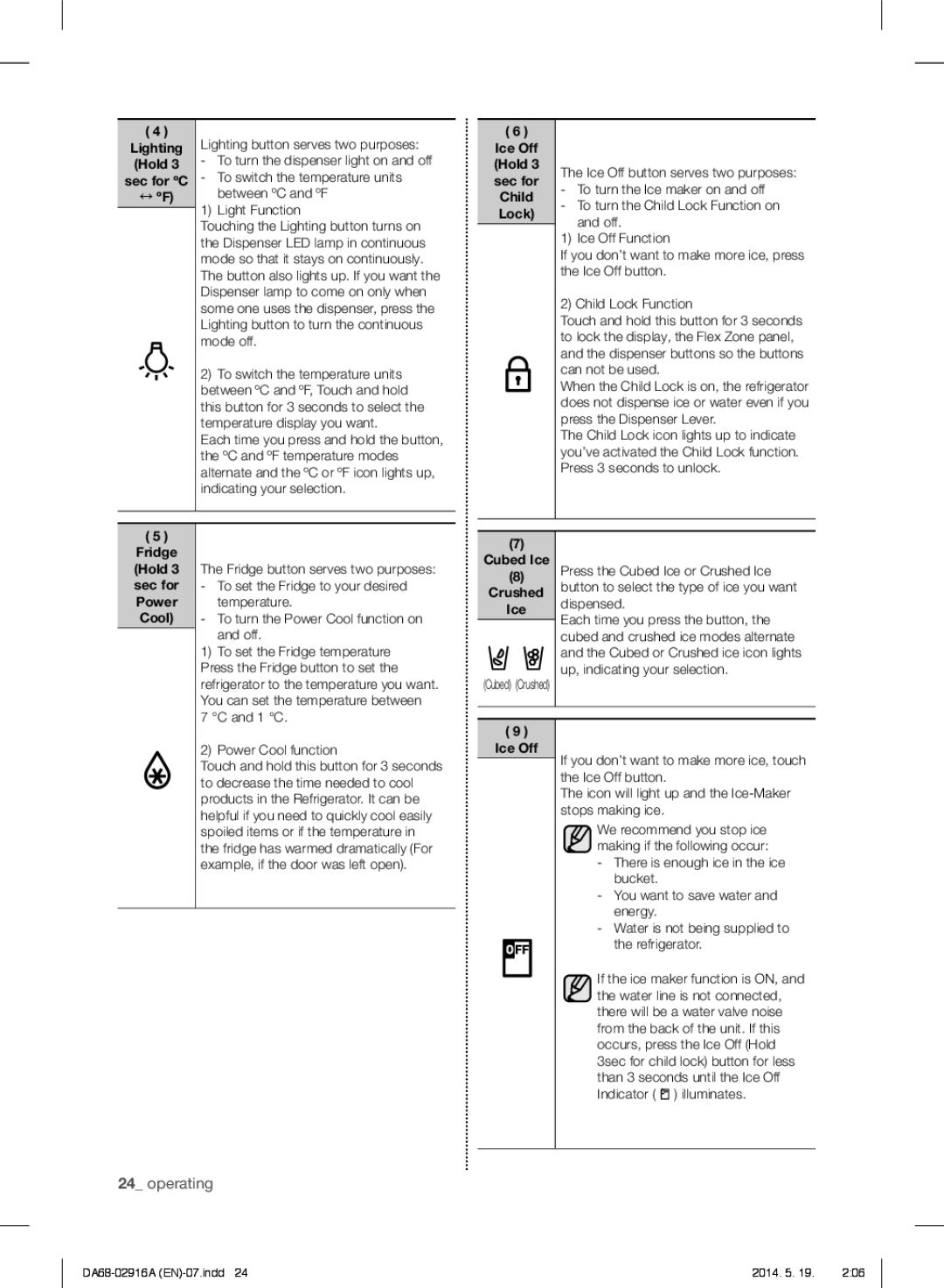 Samsung RF24FSEDBSR user manual Operating 