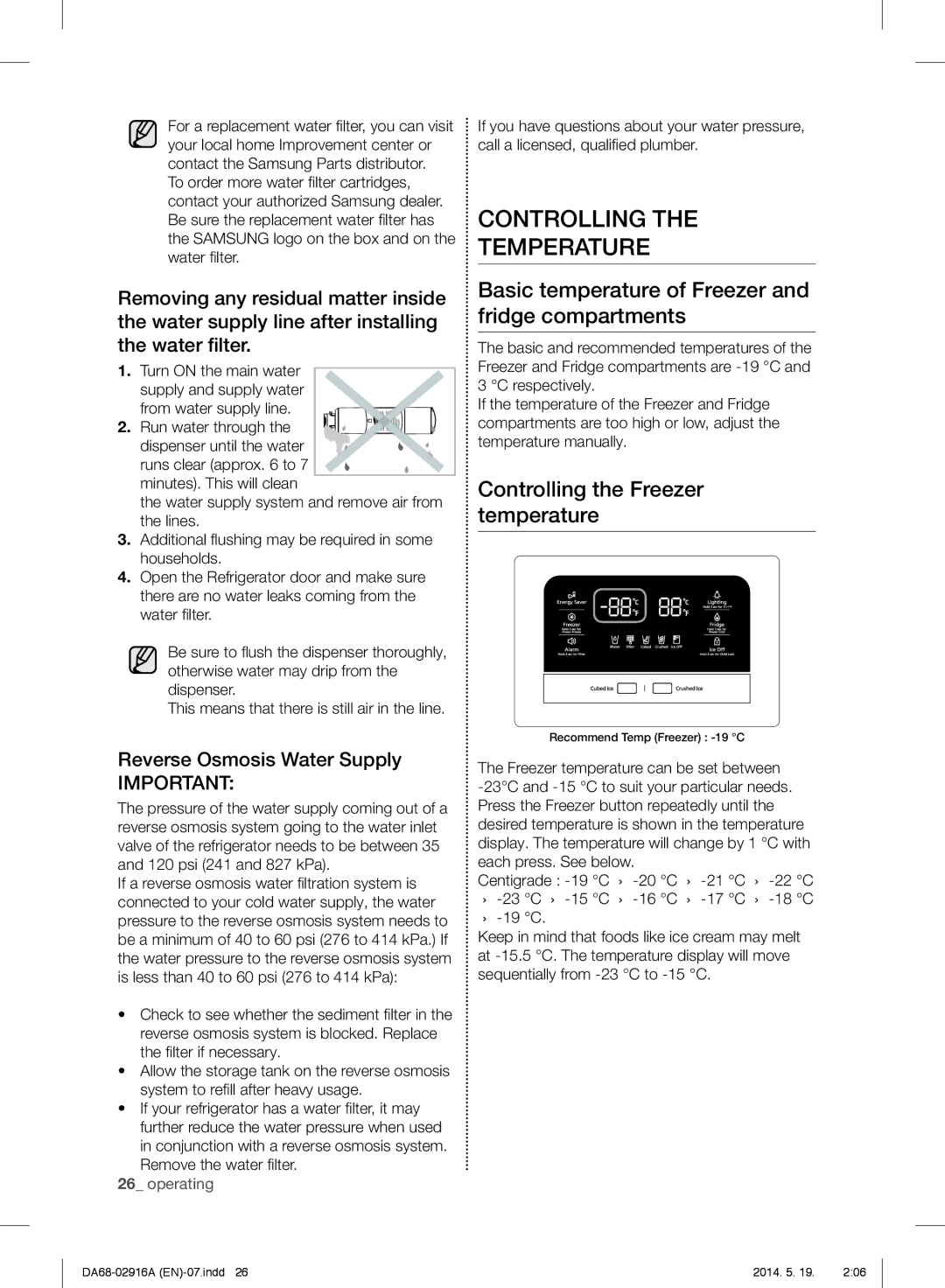 Samsung RF24FSEDBSR user manual Controlling Temperature, Reverse Osmosis Water Supply 