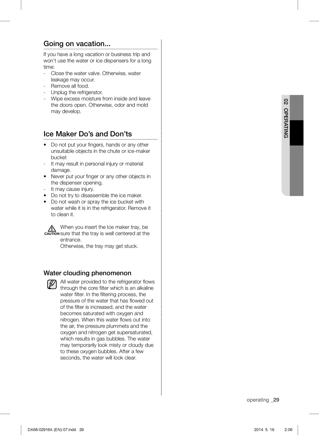 Samsung RF24FSEDBSR user manual Going on vacation, Water clouding phenomenon 