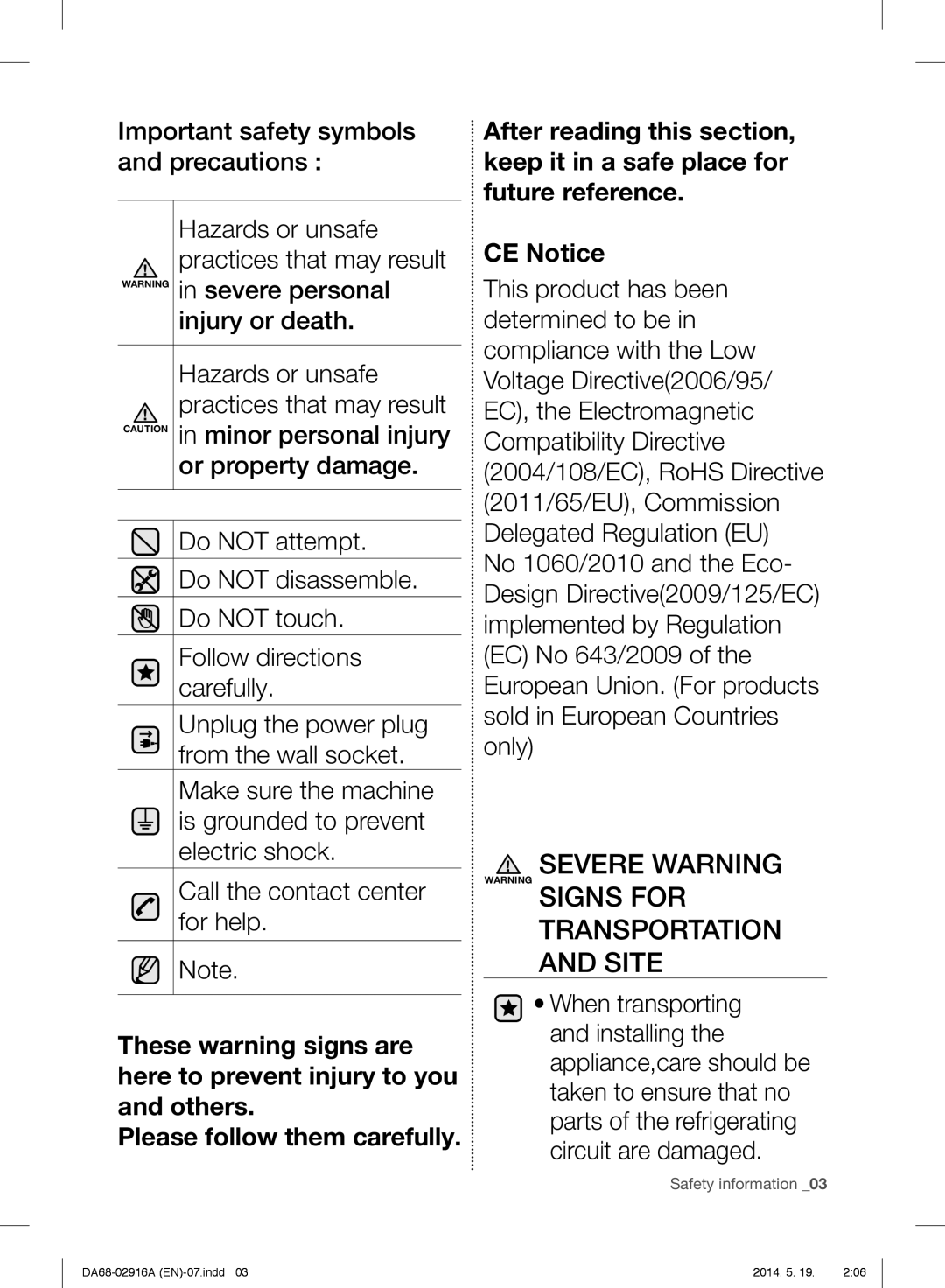 Samsung RF24FSEDBSR user manual Severe Warning Signs for Transportation Site 