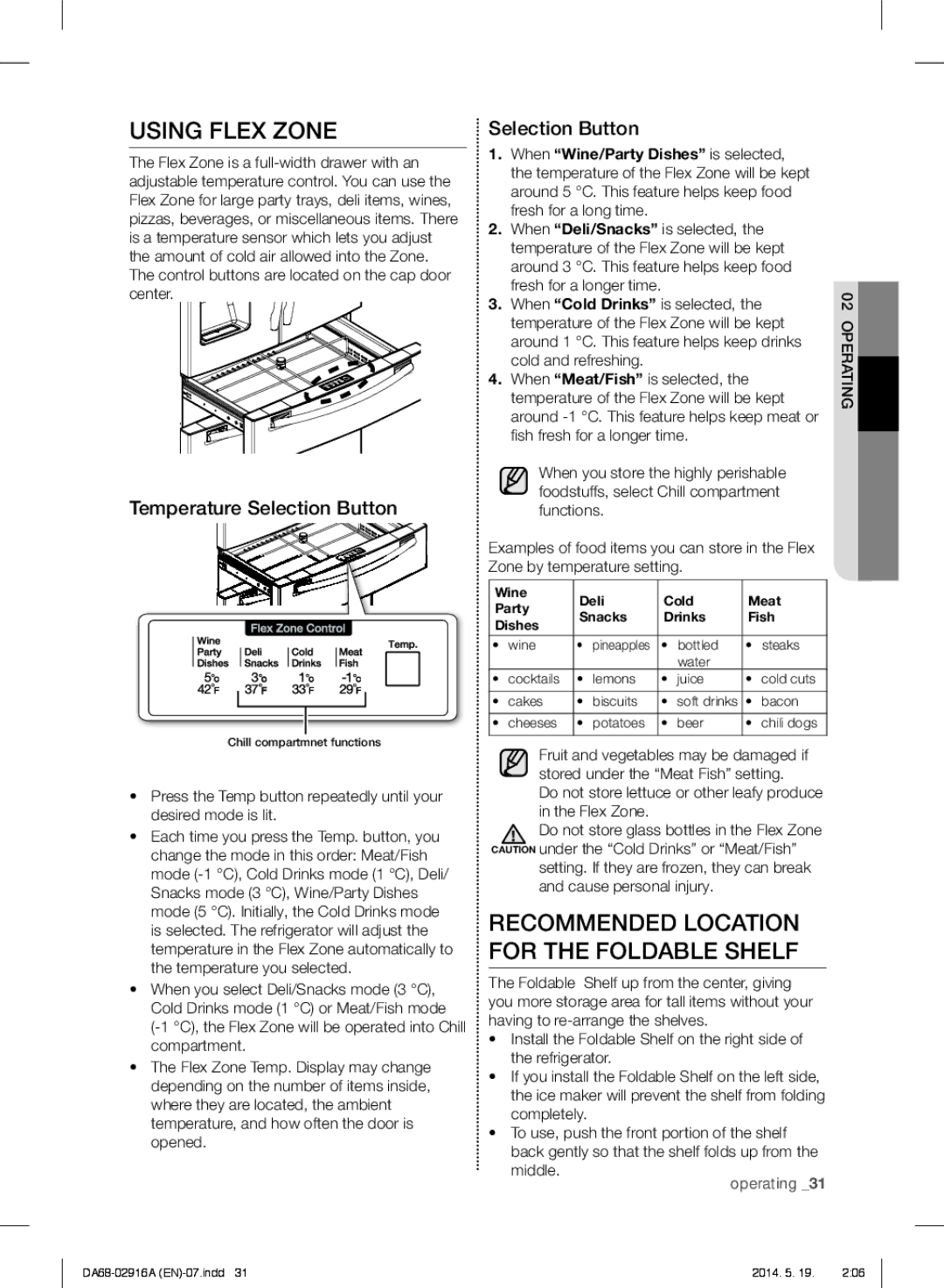 Samsung RF24FSEDBSR user manual Using Flex Zone, Recommended Location for the Foldable Shelf, Temperature Selection Button 