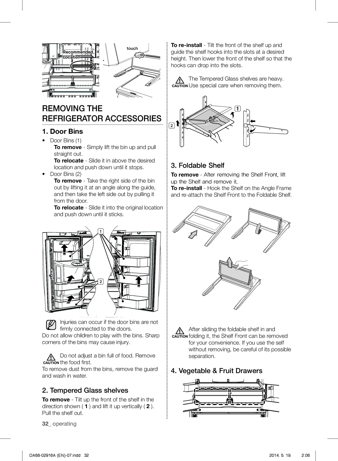 Samsung RF24FSEDBSR user manual Foldable Shelf, Tempered Glass shelves, Vegetable & Fruit Drawers 