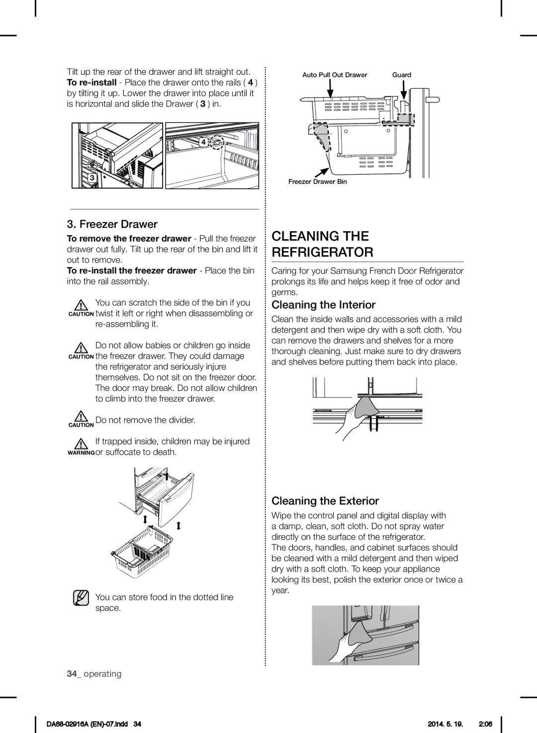 Samsung RF24FSEDBSR user manual Cleaning Refrigerator, Freezer Drawer, Cleaning the Interior, Cleaning the Exterior 