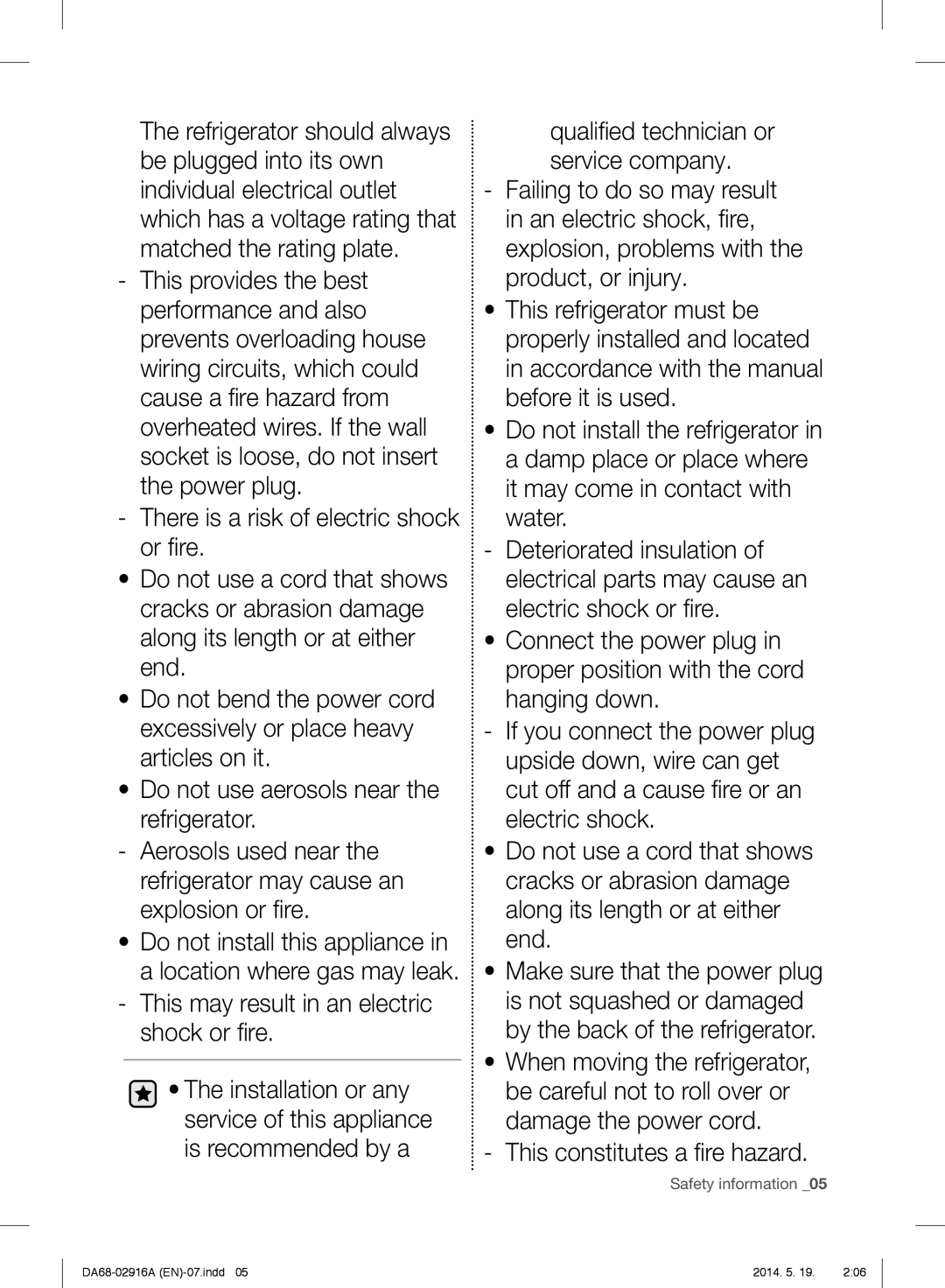 Samsung RF24FSEDBSR user manual This may result in an electric shock or ﬁ re 