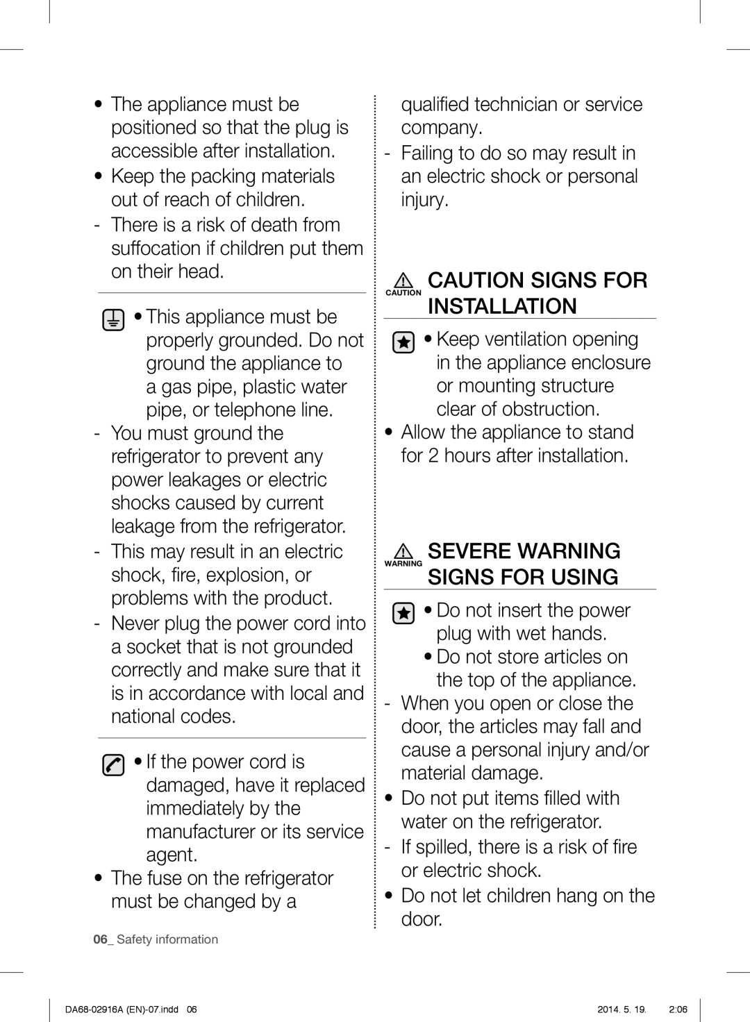 Samsung RF24FSEDBSR user manual Severe Warning Signs for Using 