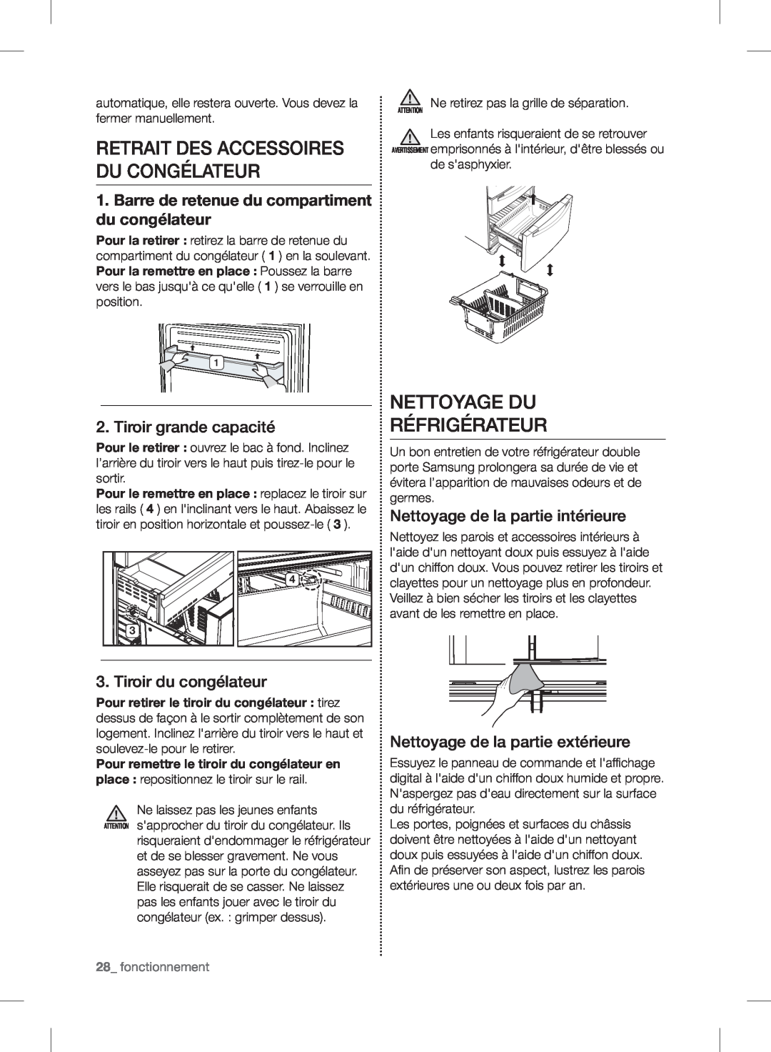 Samsung RF24FSEDBSR user manual Nettoyage Du Réfrigérateur, Retrait Des Accessoires Du Congélateur, Tiroir grande capacité 