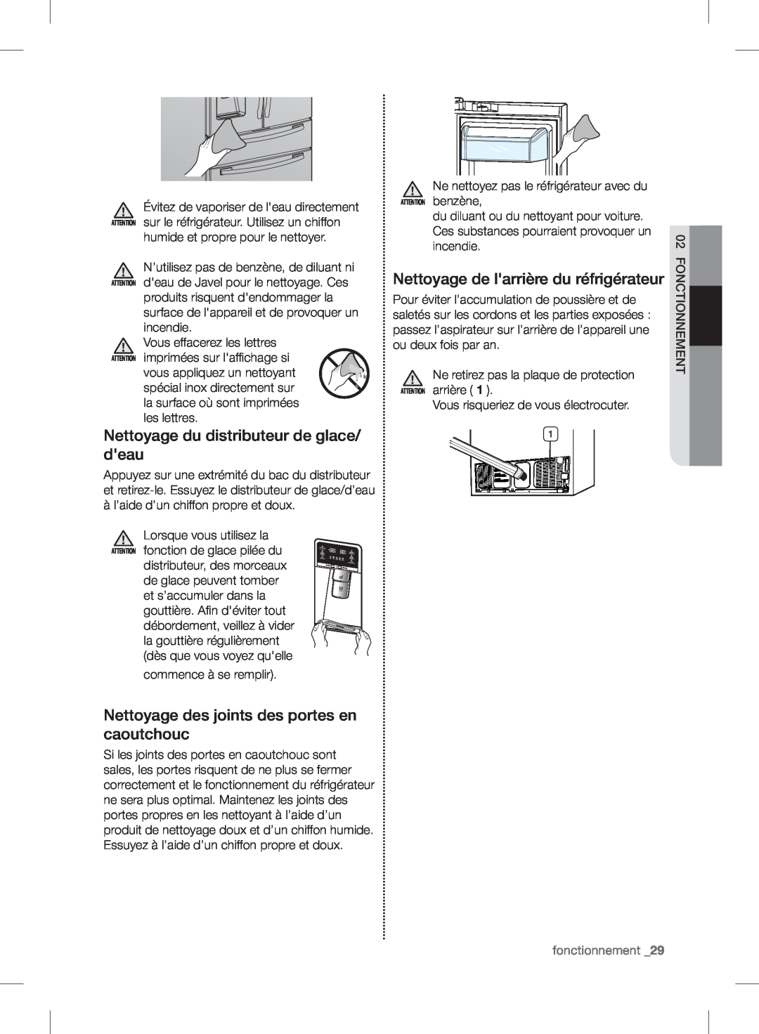 Samsung RF24FSEDBSR user manual Nettoyage du distributeur de glace/ deau, Nettoyage des joints des portes en caoutchouc 
